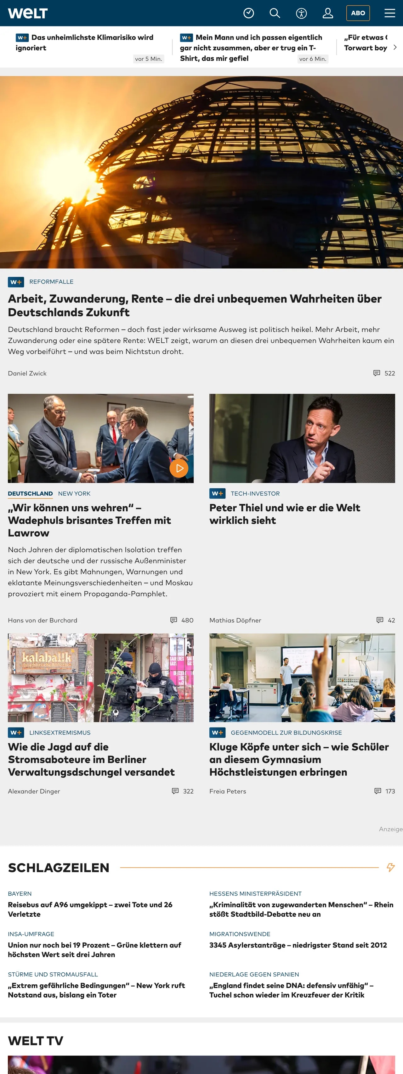 Screenshot of the WELT front page