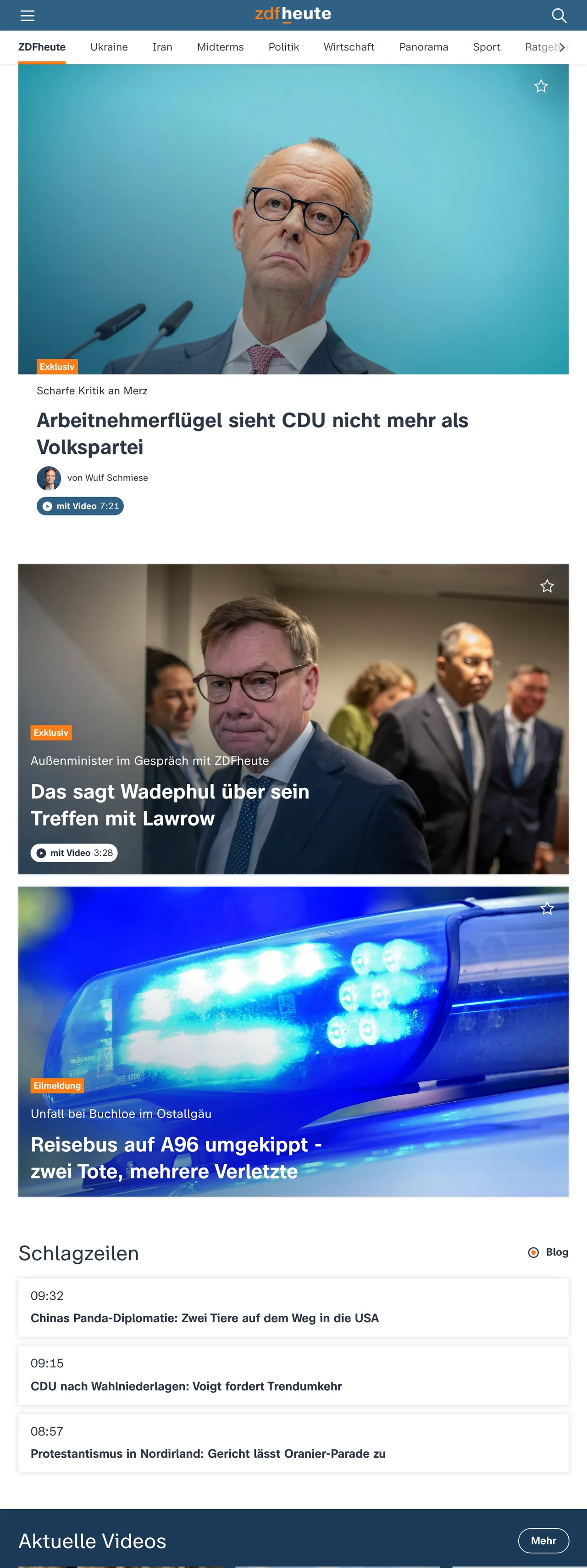 Screenshot of the ZDFheute front page