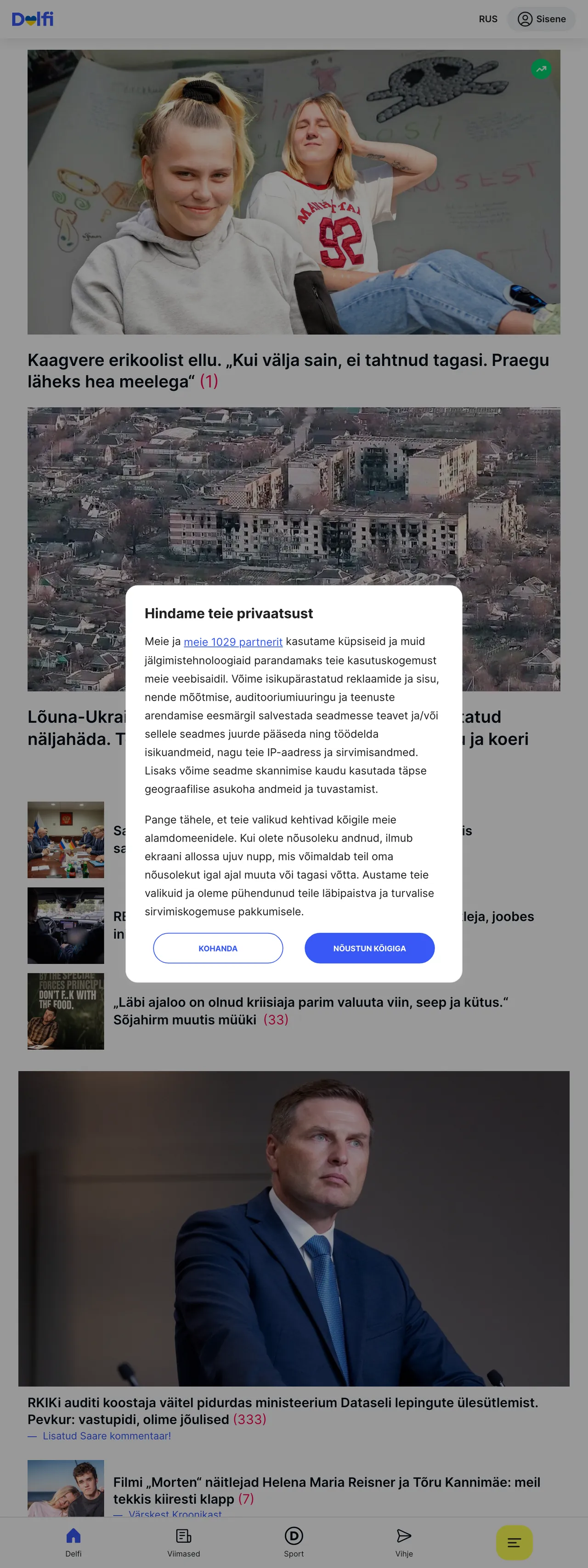 Screenshot of the Delfi front page