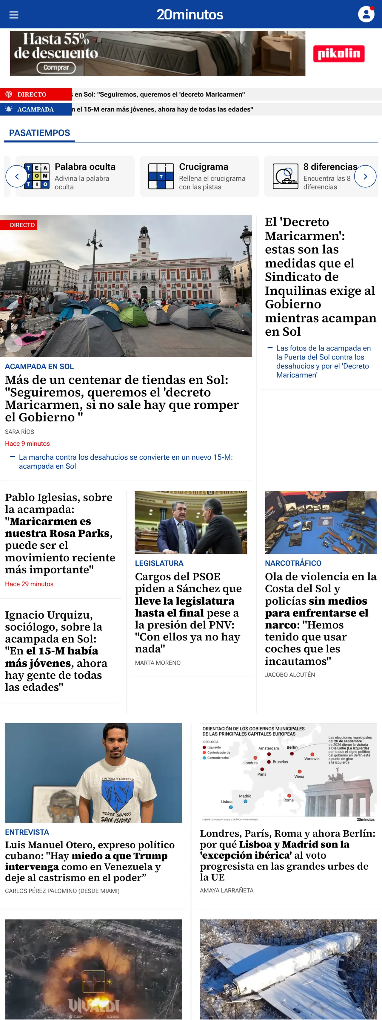 Screenshot of the 20minutos front page