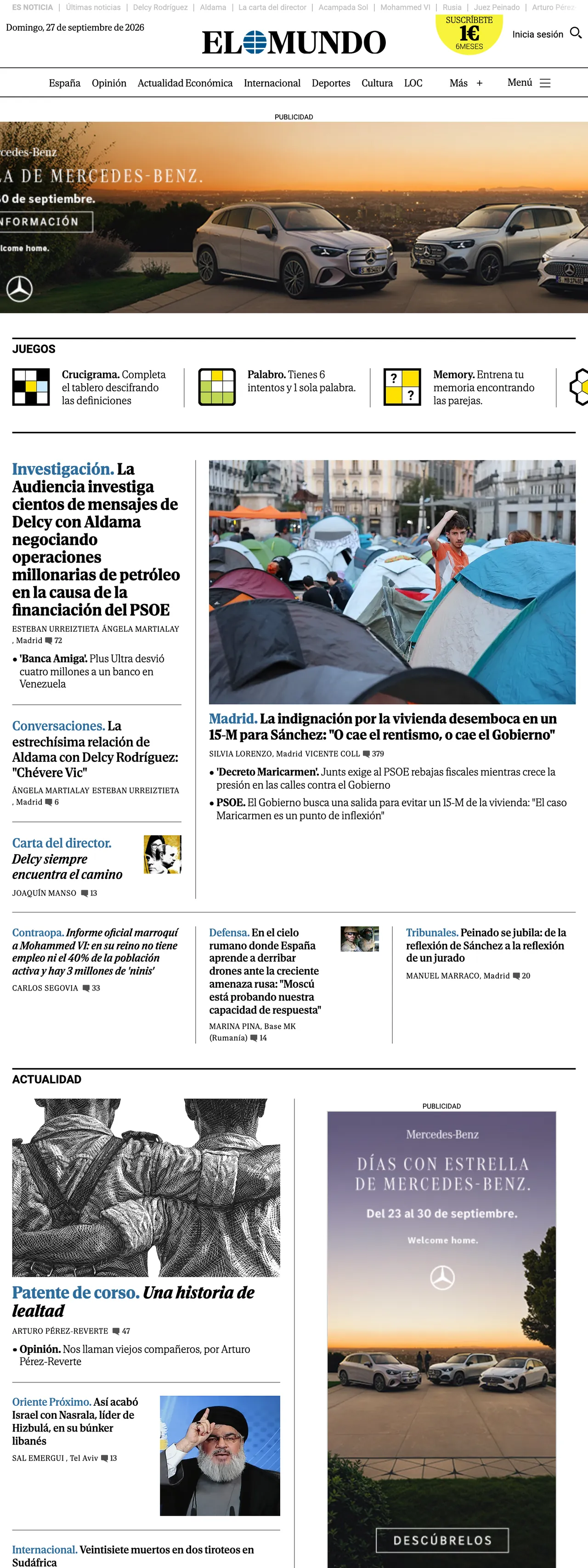 Screenshot of the El Mundo front page
