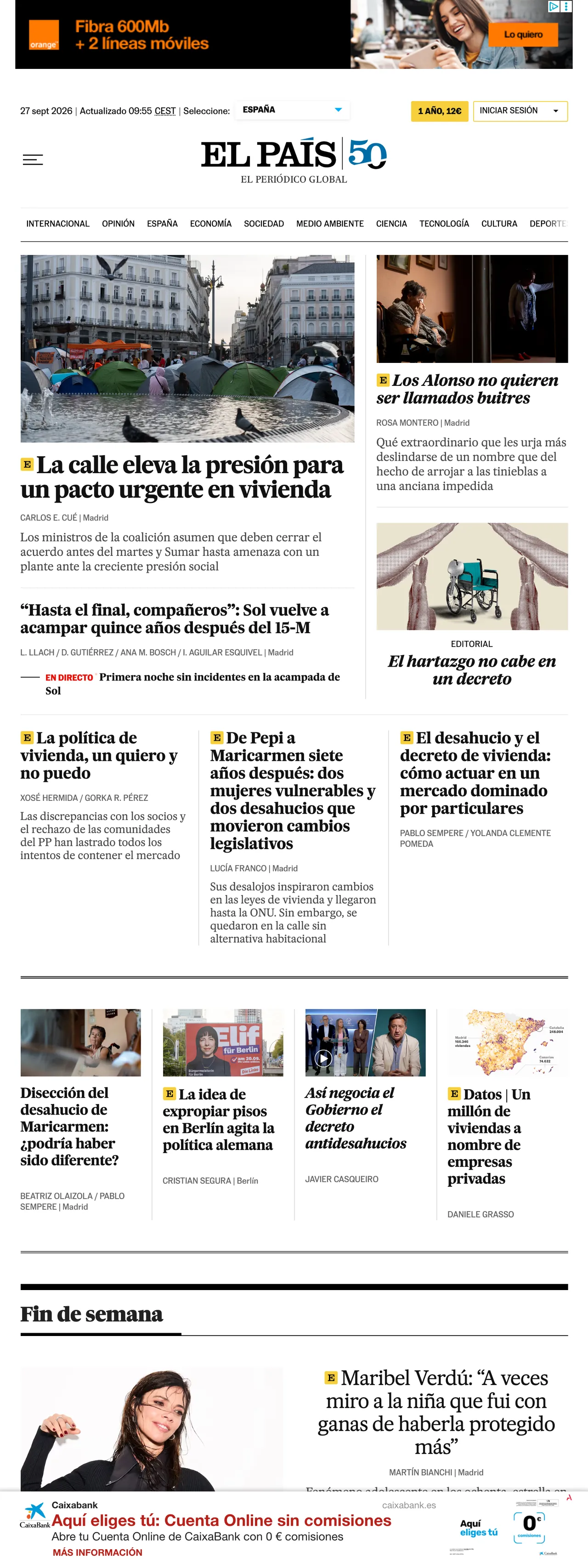 Screenshot of the EL PAÍS front page