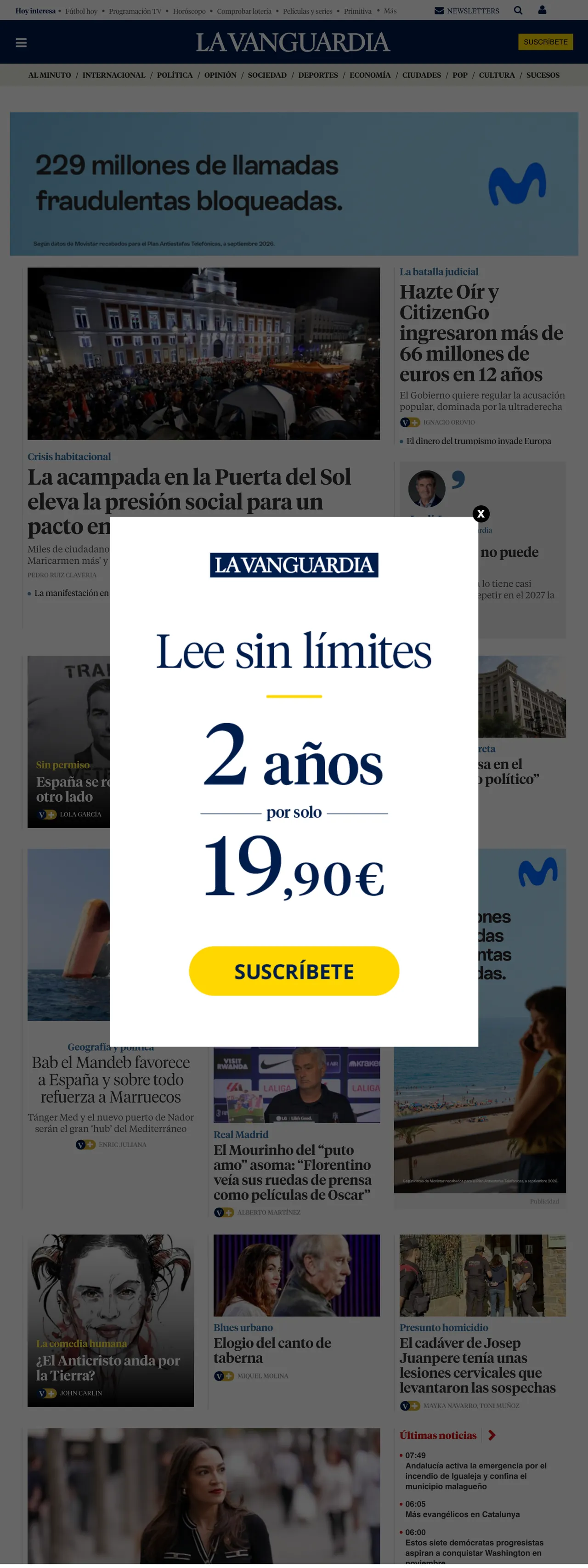 Screenshot of the La Vanguardia front page