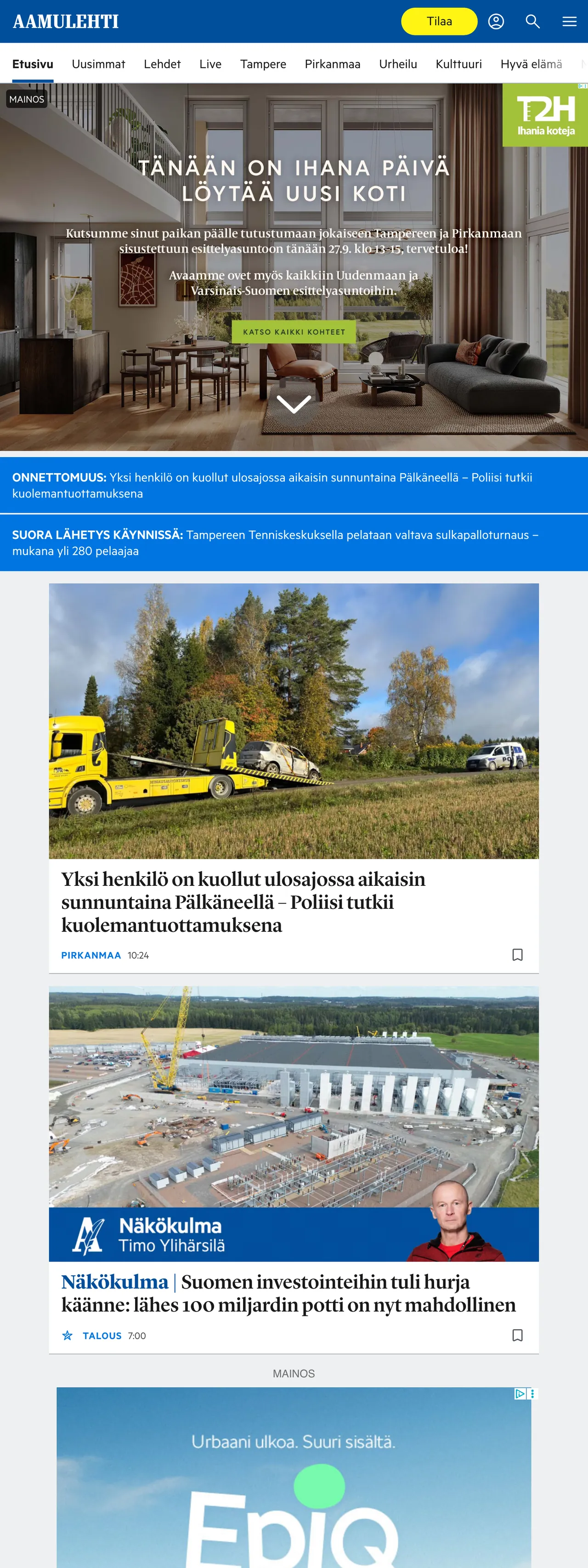 Screenshot of the Aamulehti front page