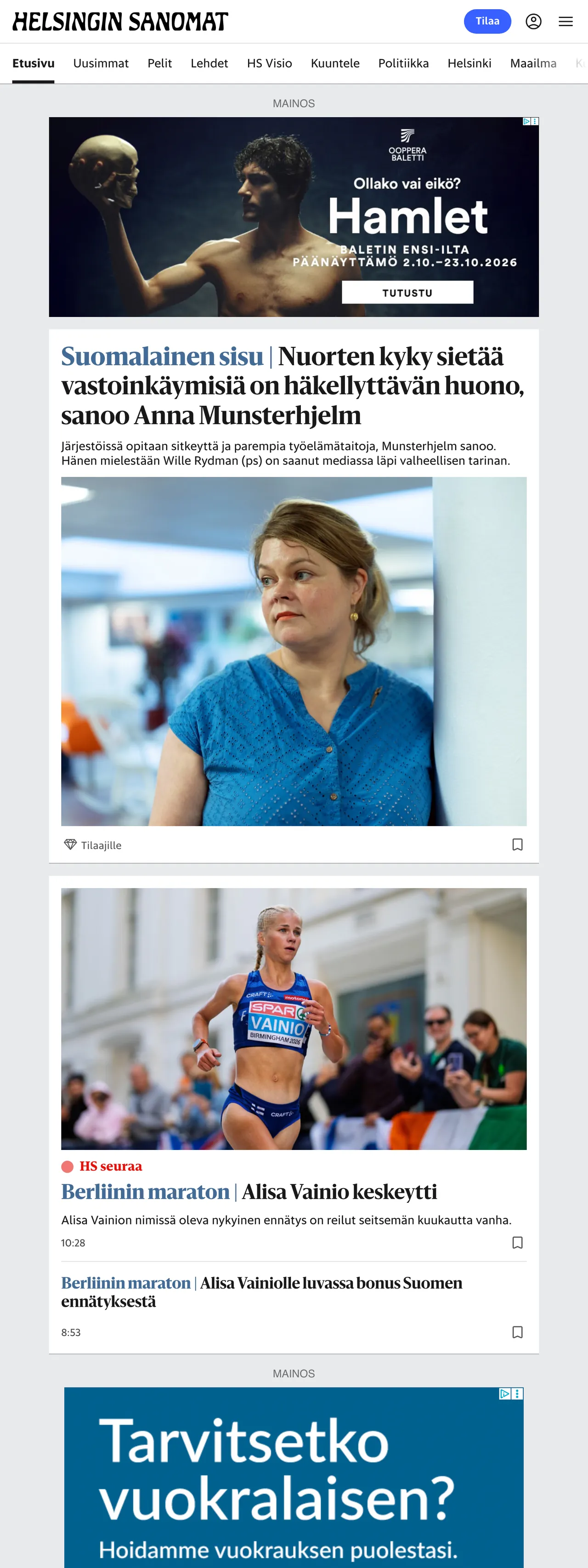 Screenshot of the Helsingin Sanomat front page