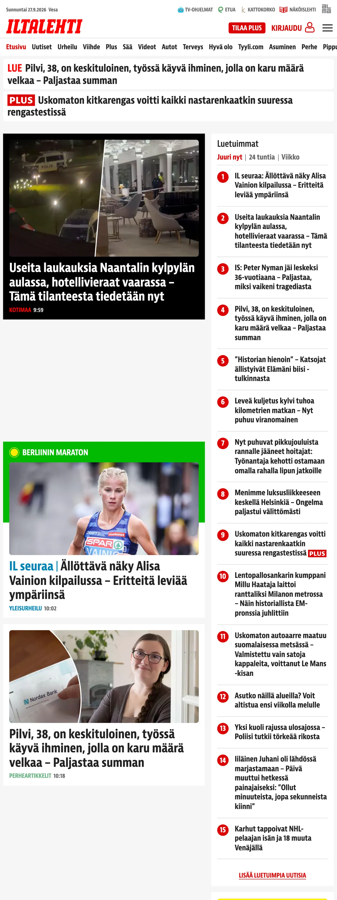 Screenshot of the Iltalehti front page