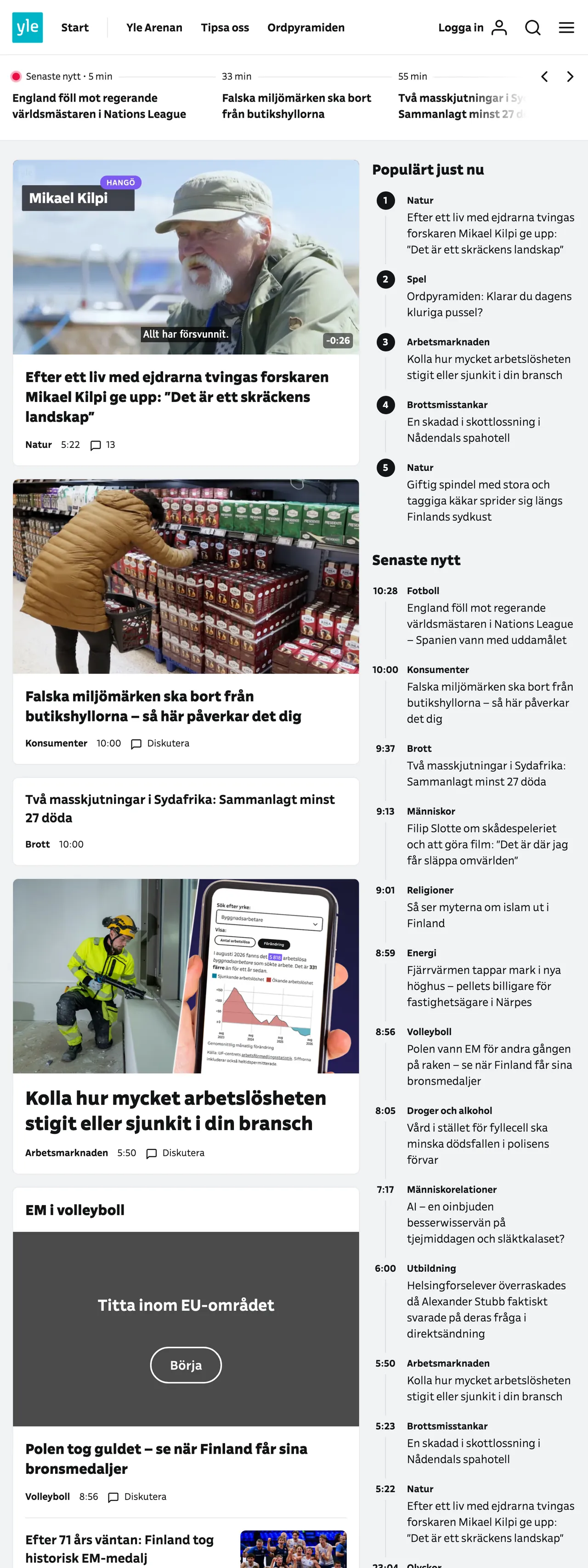 Screenshot of the Svenska Yle front page