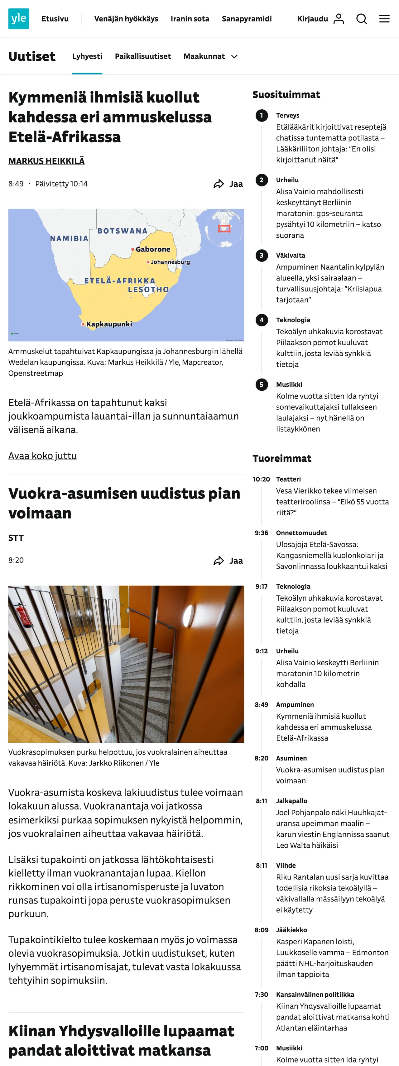Screenshot of the Yle front page