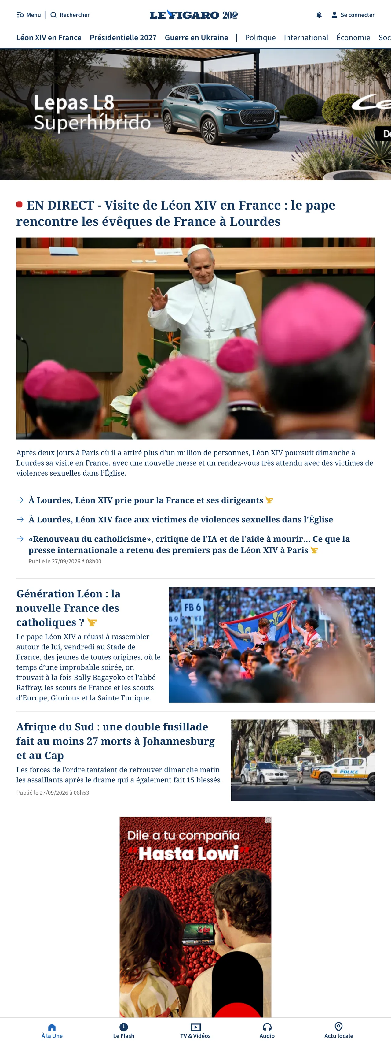 Screenshot of the Le Figaro front page
