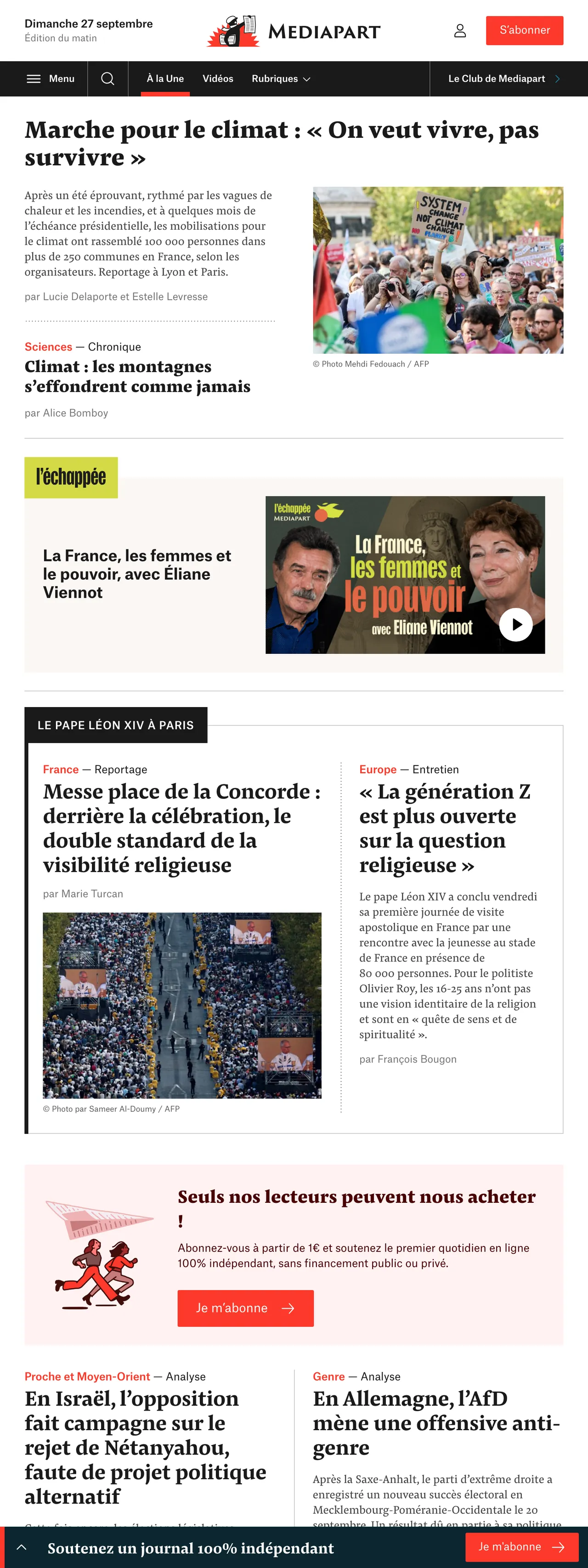 Screenshot of the Mediapart front page