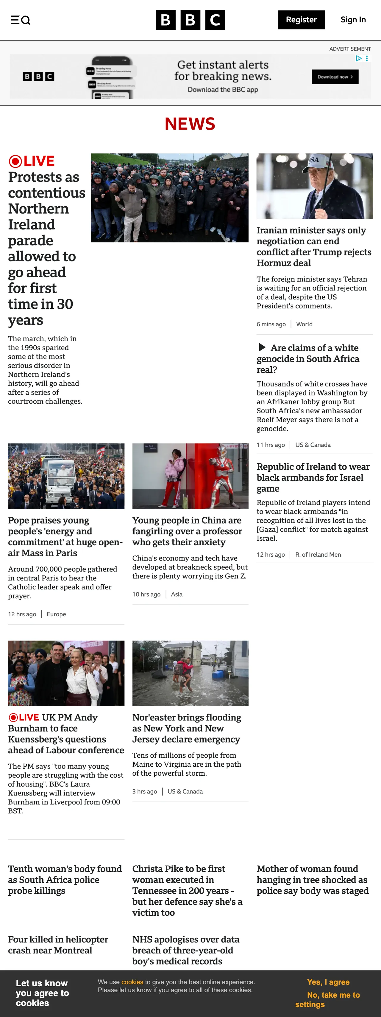 Screenshot of the BBC News front page
