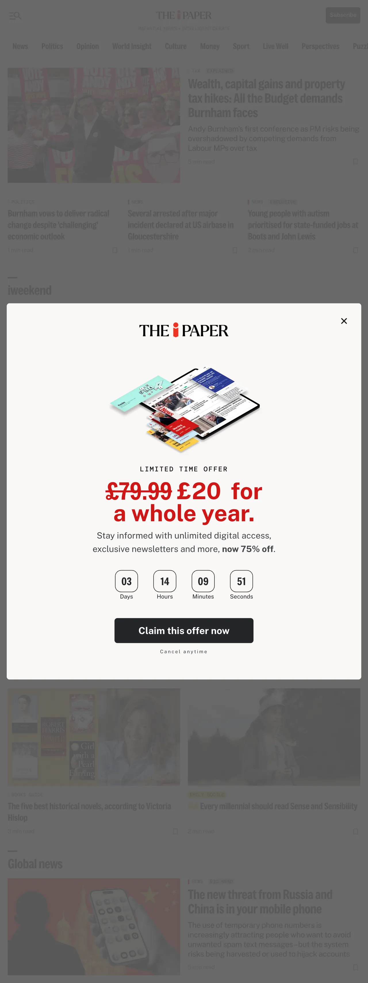 Screenshot of the The i Paper front page