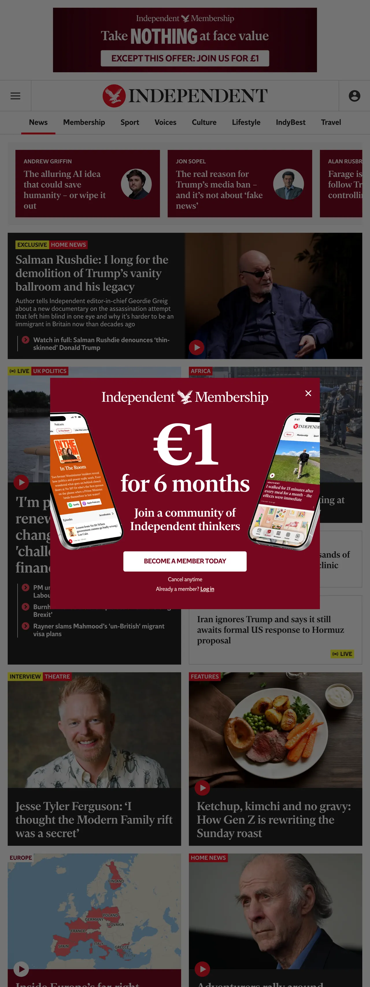 Screenshot of the The Independent front page