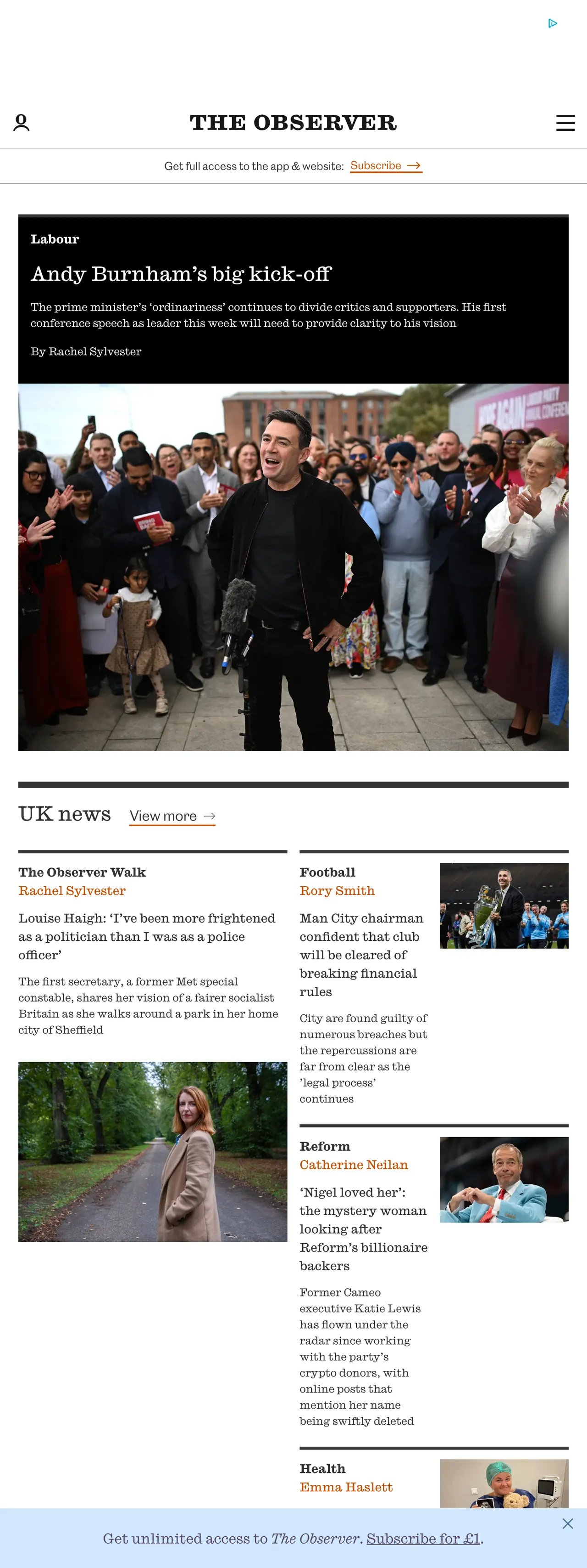 Screenshot of the The Observer front page