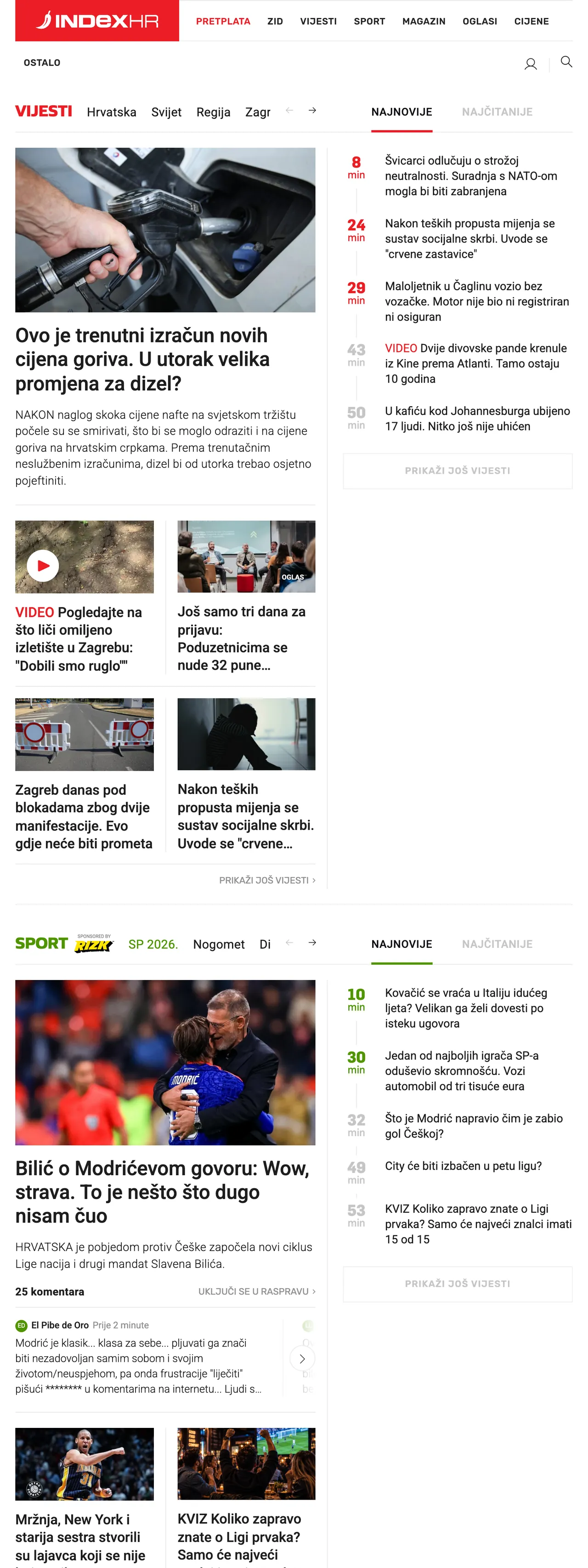 Screenshot of the Index.hr front page