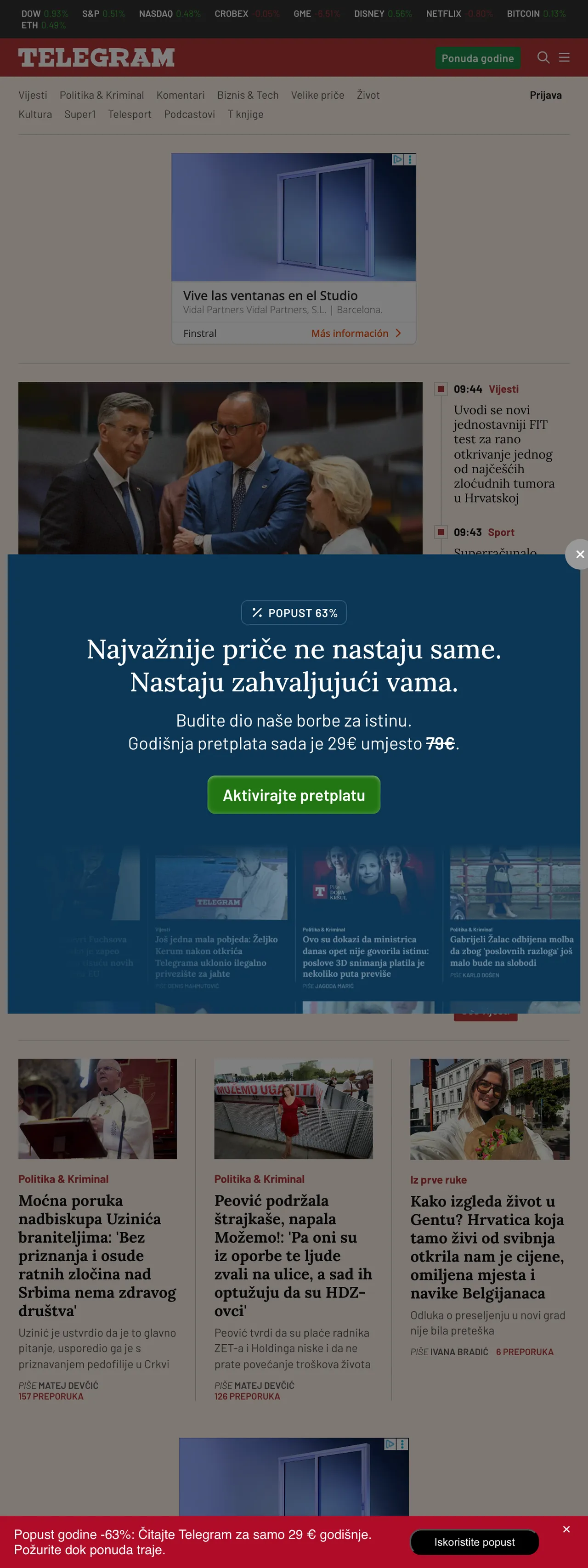 Screenshot of the Telegram.hr front page