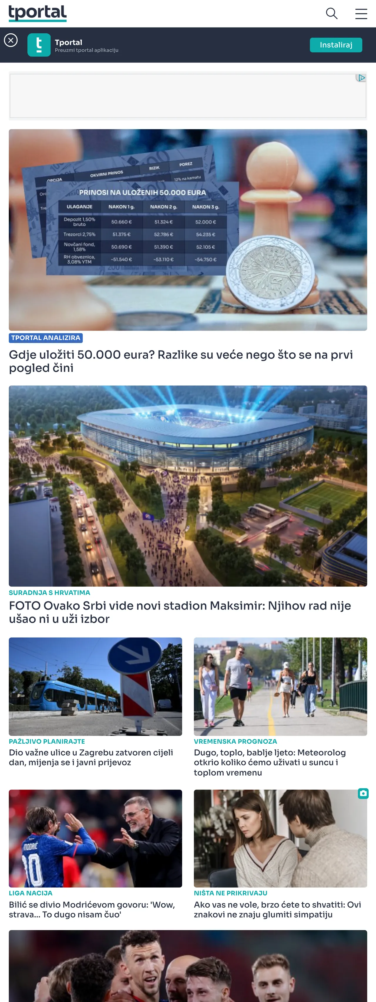 Screenshot of the tportal front page