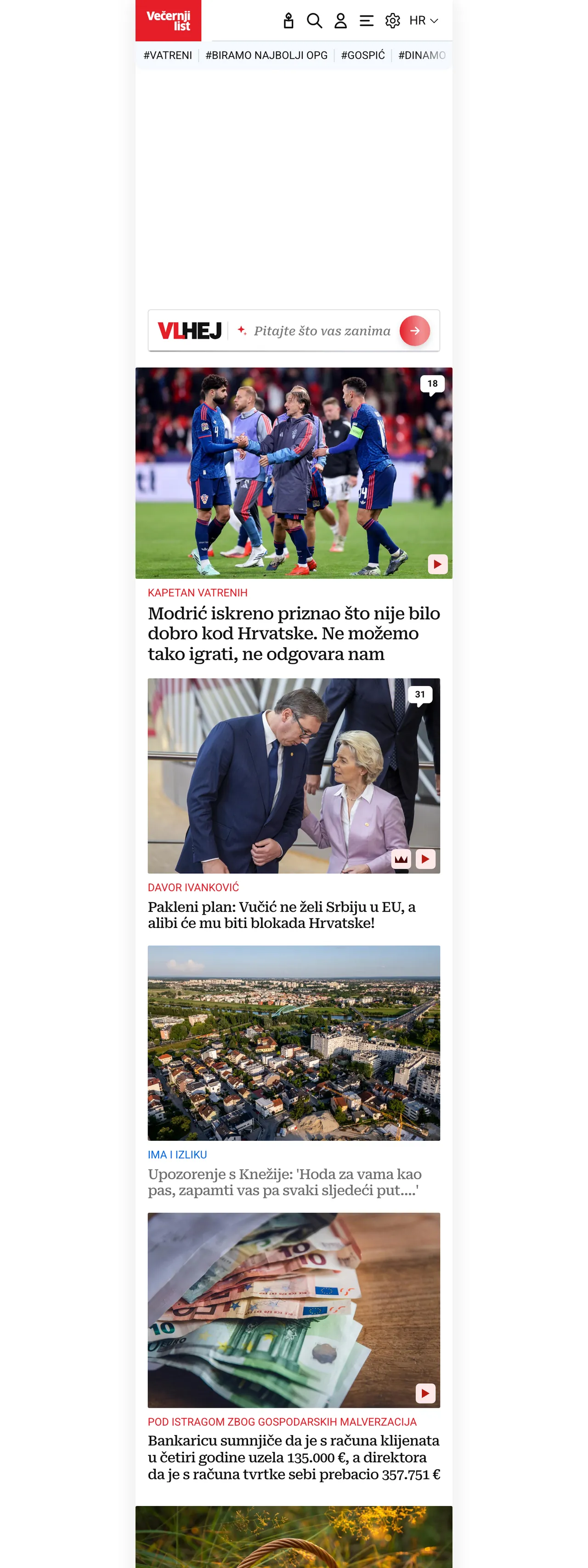Screenshot of the Večernji list front page