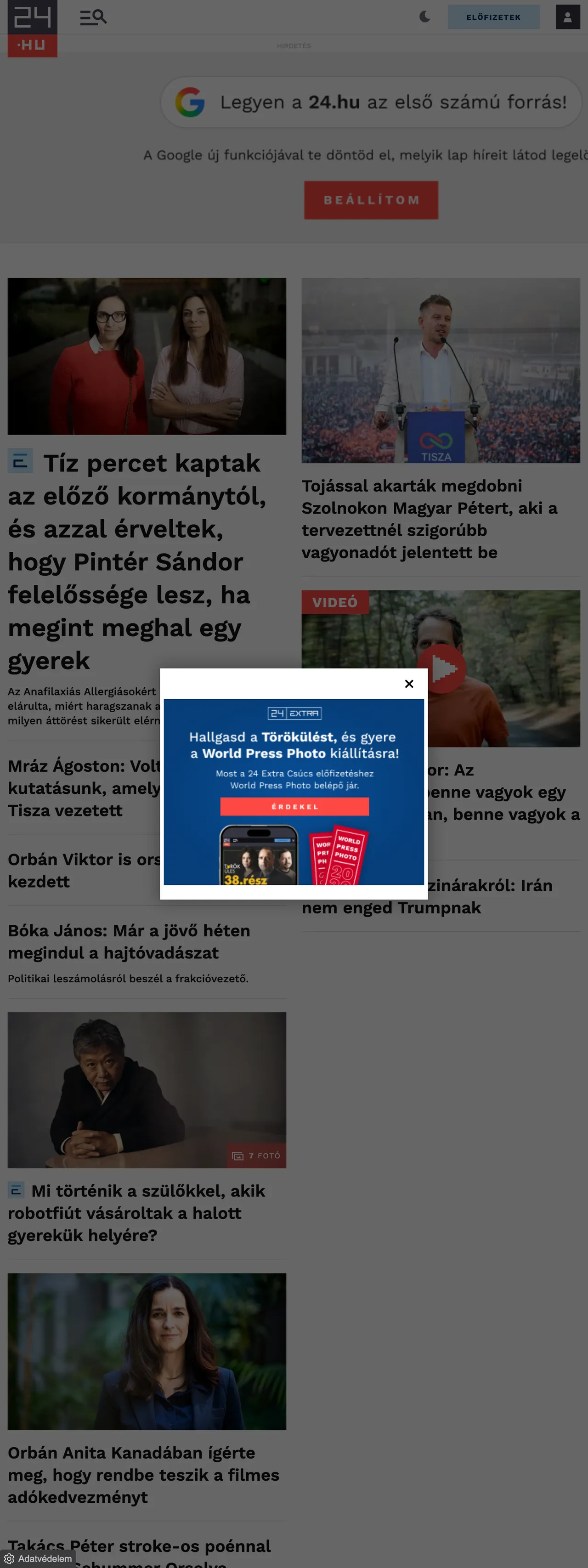 Screenshot of the 24.hu front page