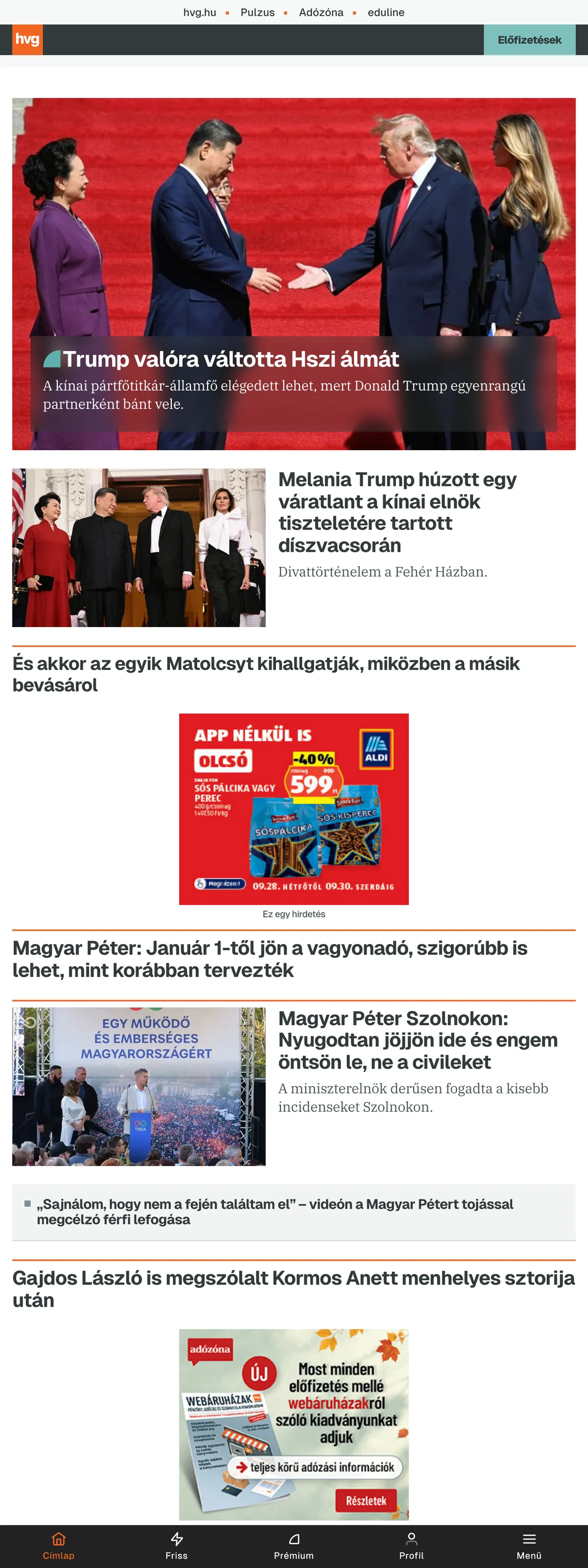 Screenshot of the HVG front page