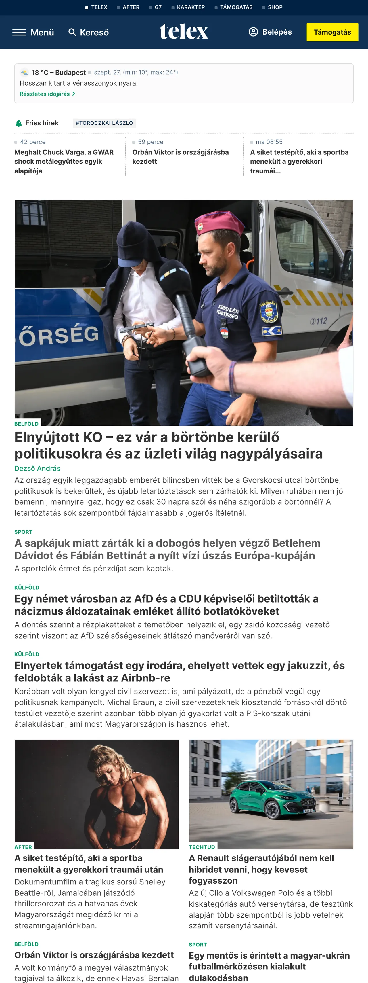 Screenshot of the Telex front page