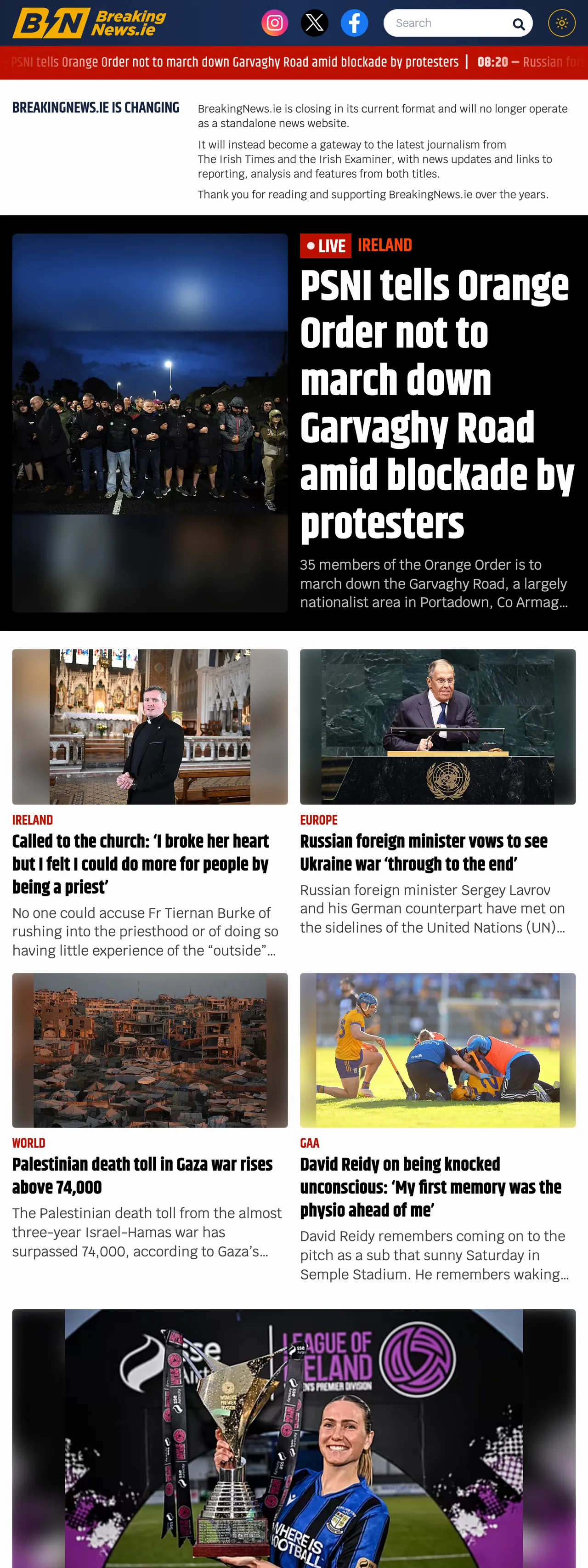 Screenshot of the BreakingNews.ie front page