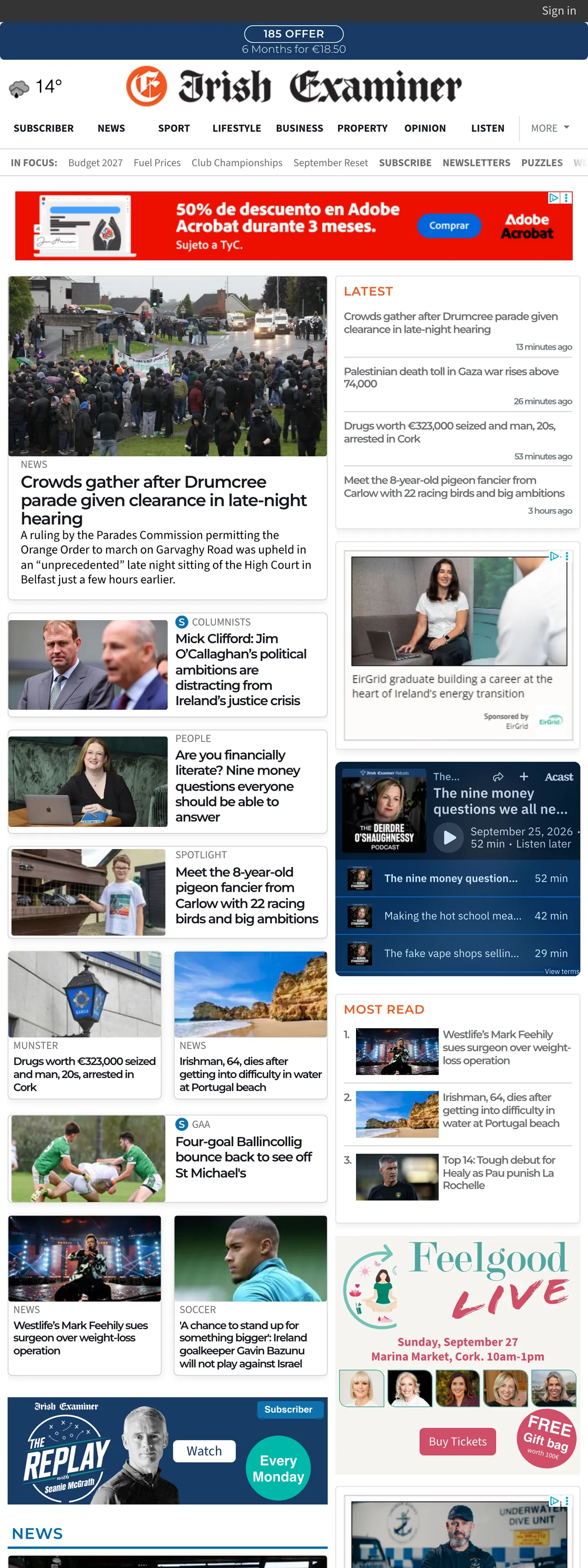 Screenshot of the Irish Examiner front page
