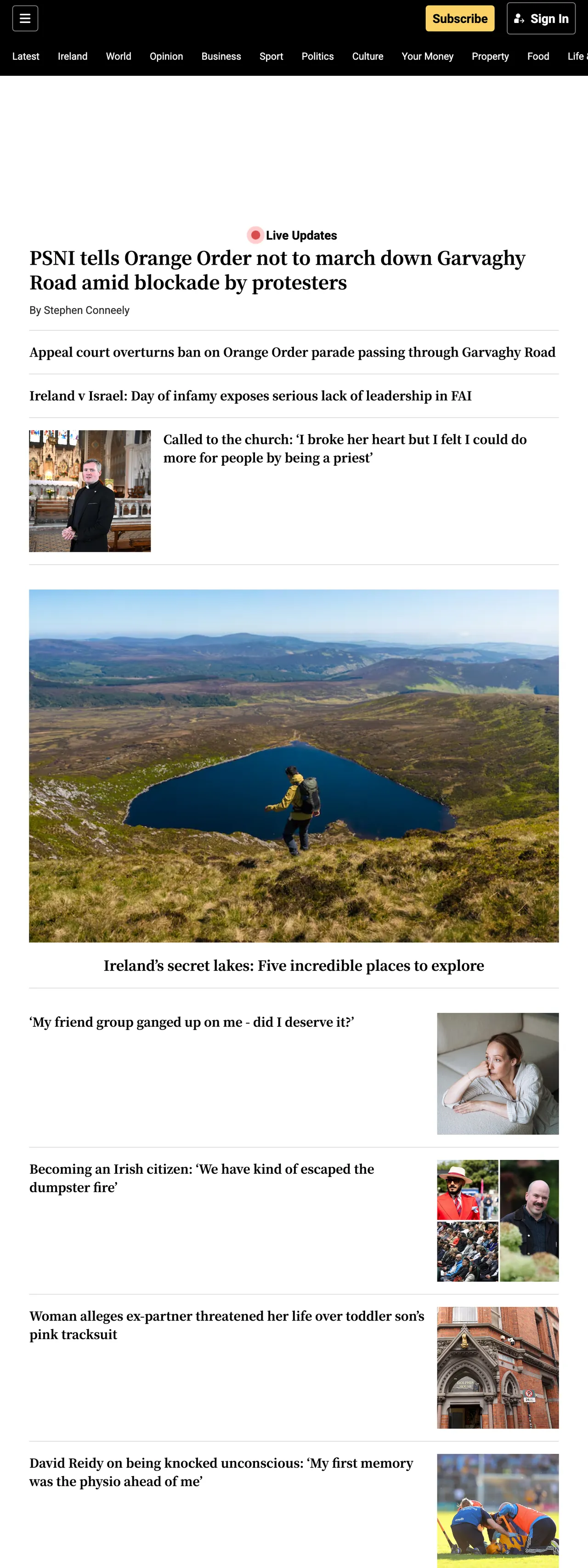 Screenshot of the The Irish Times front page