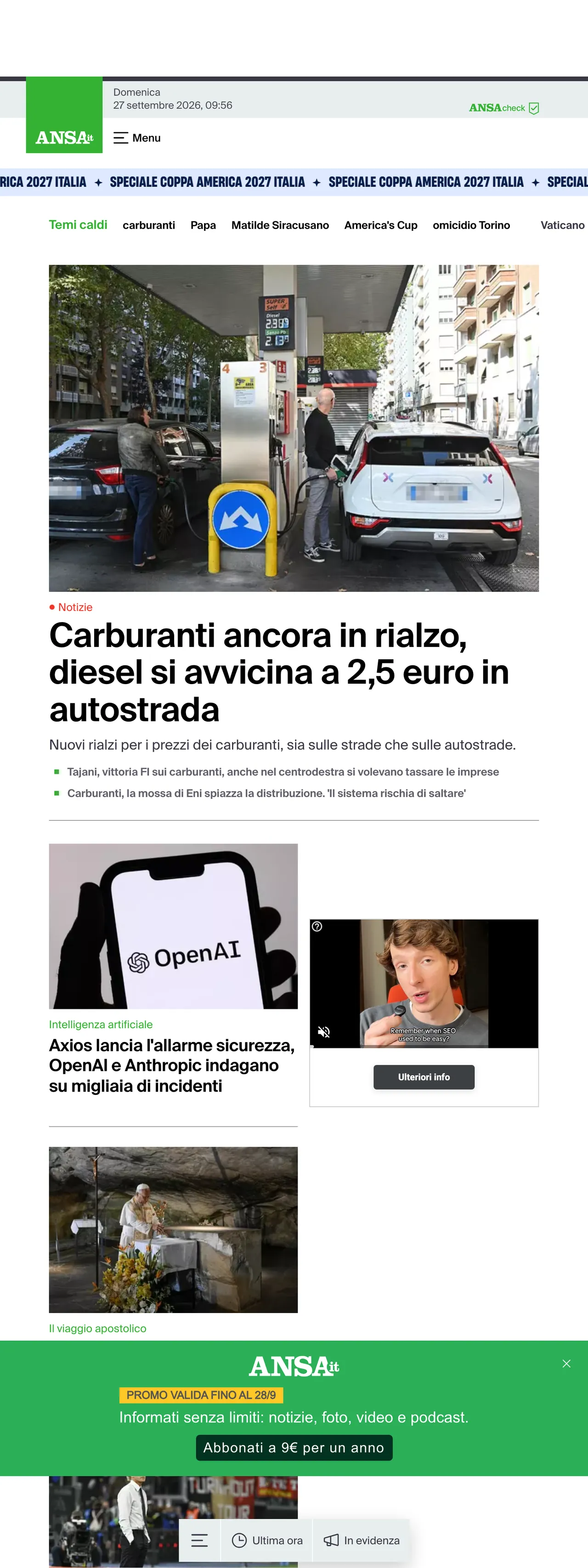 Screenshot of the ANSA front page