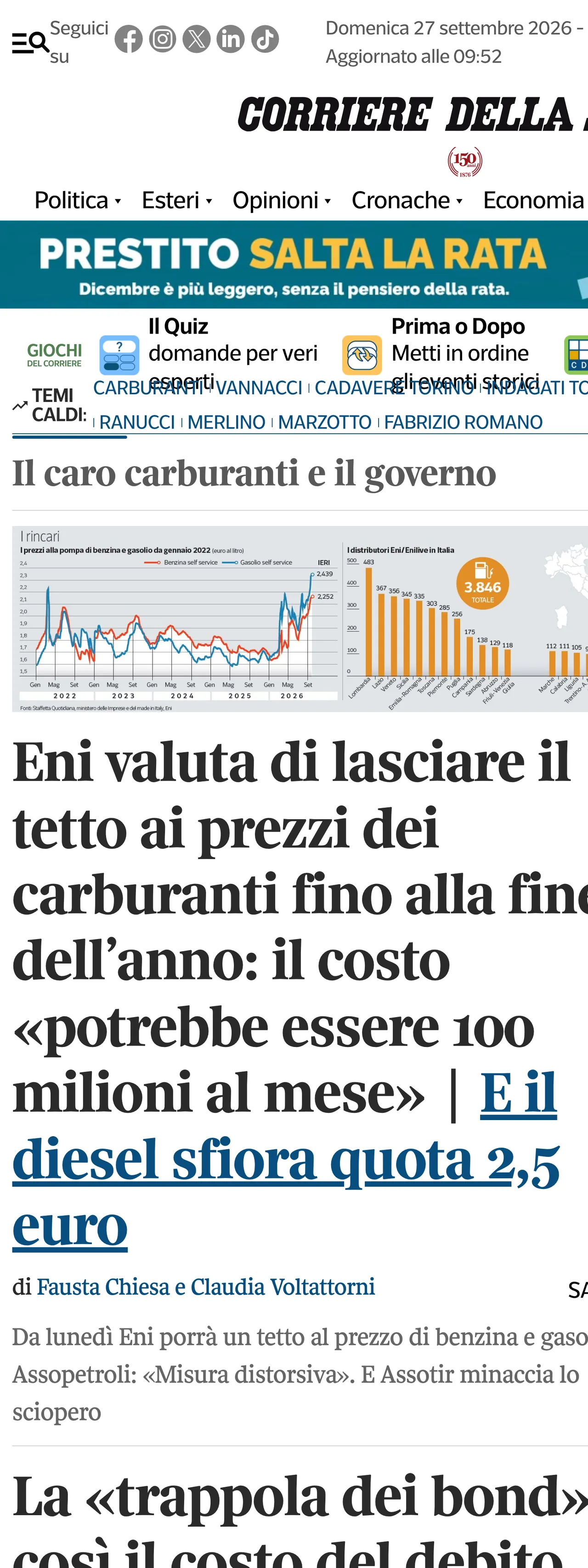 Screenshot of the Corriere della Sera front page