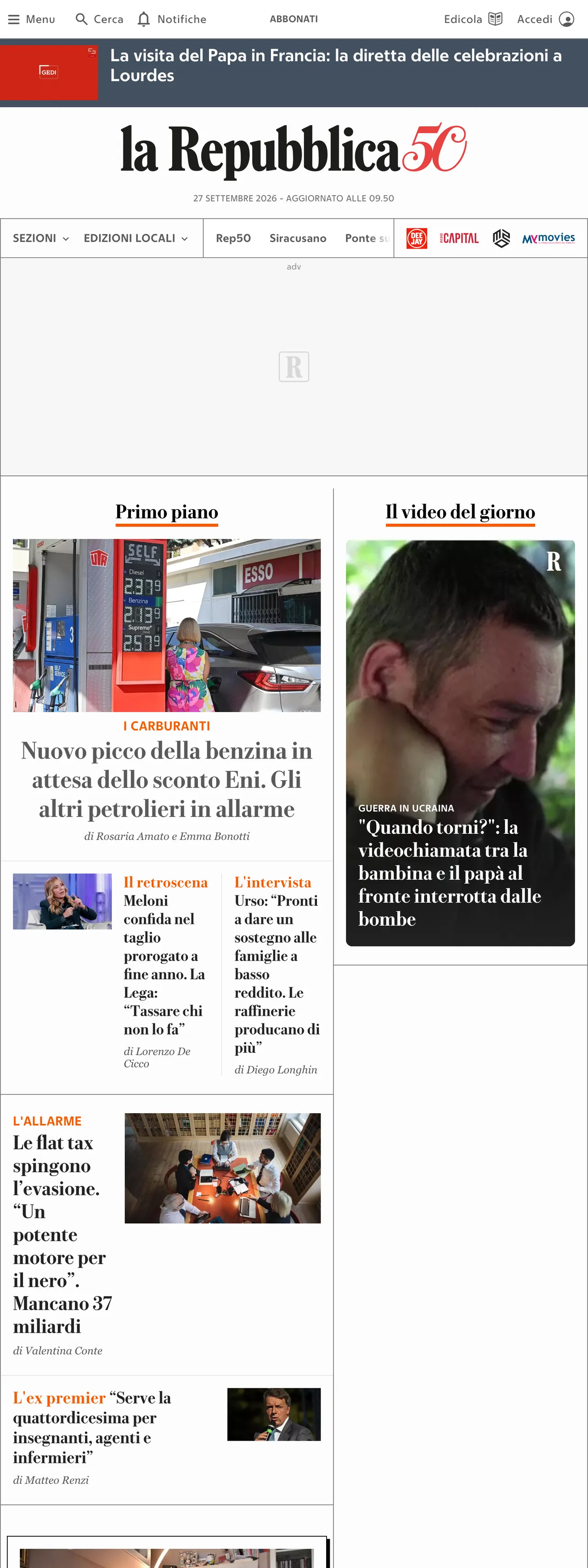 Screenshot of the la Repubblica front page
