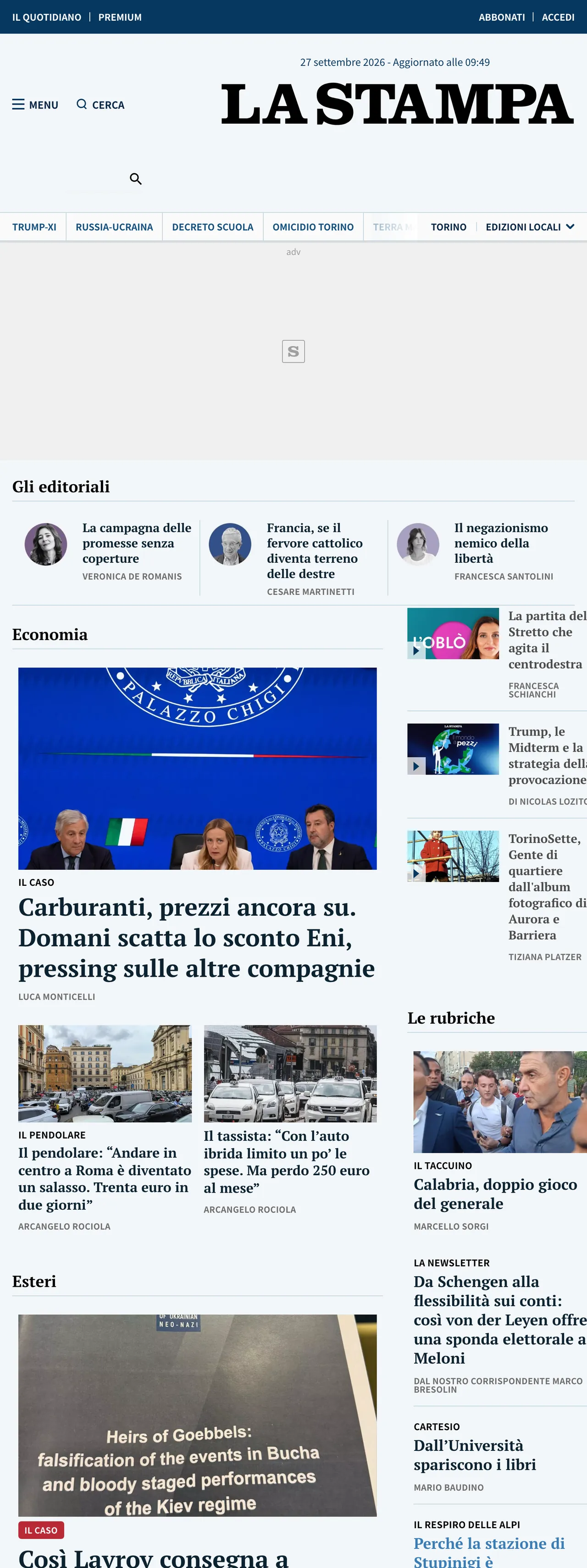 Screenshot of the La Stampa front page