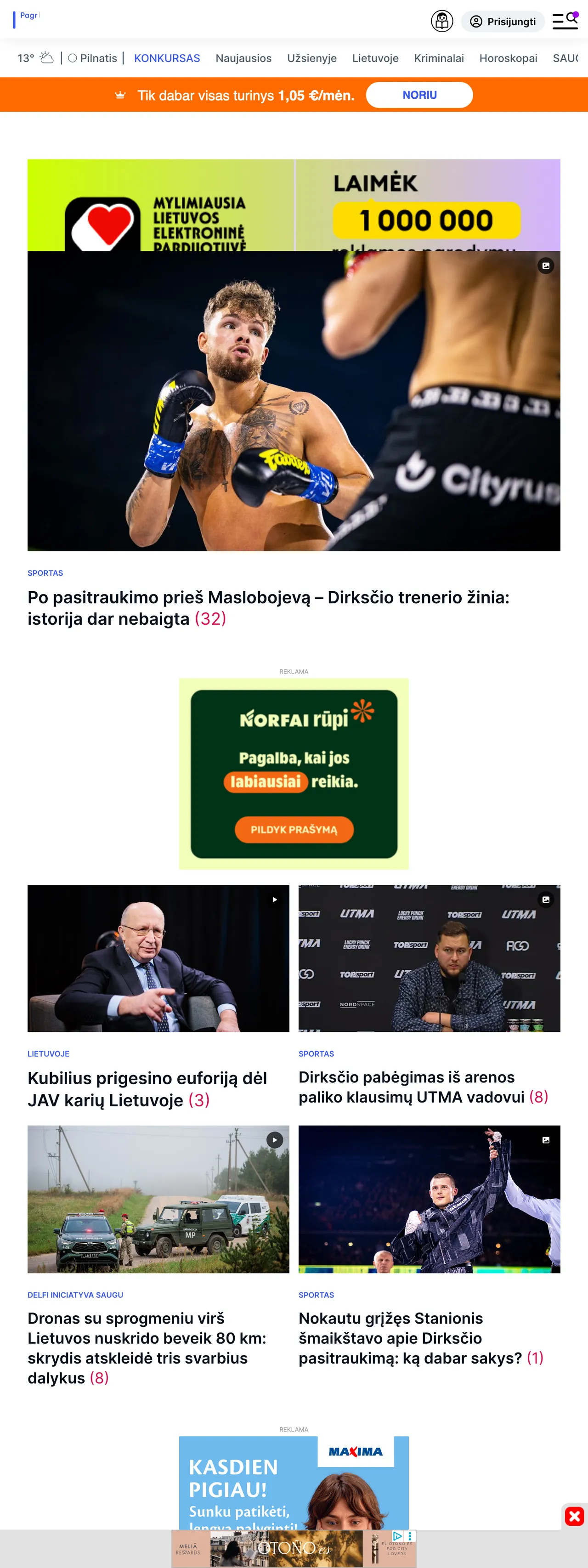 Screenshot of the Delfi front page