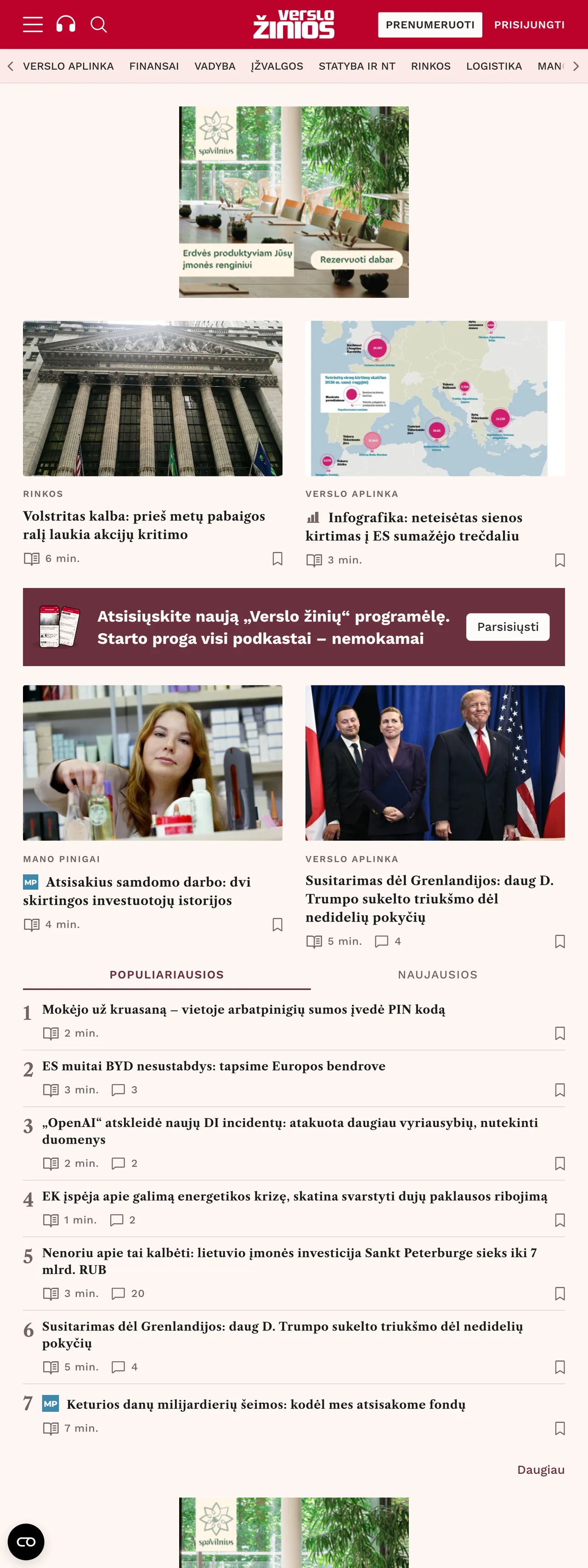 Screenshot of the Verslo žinios front page