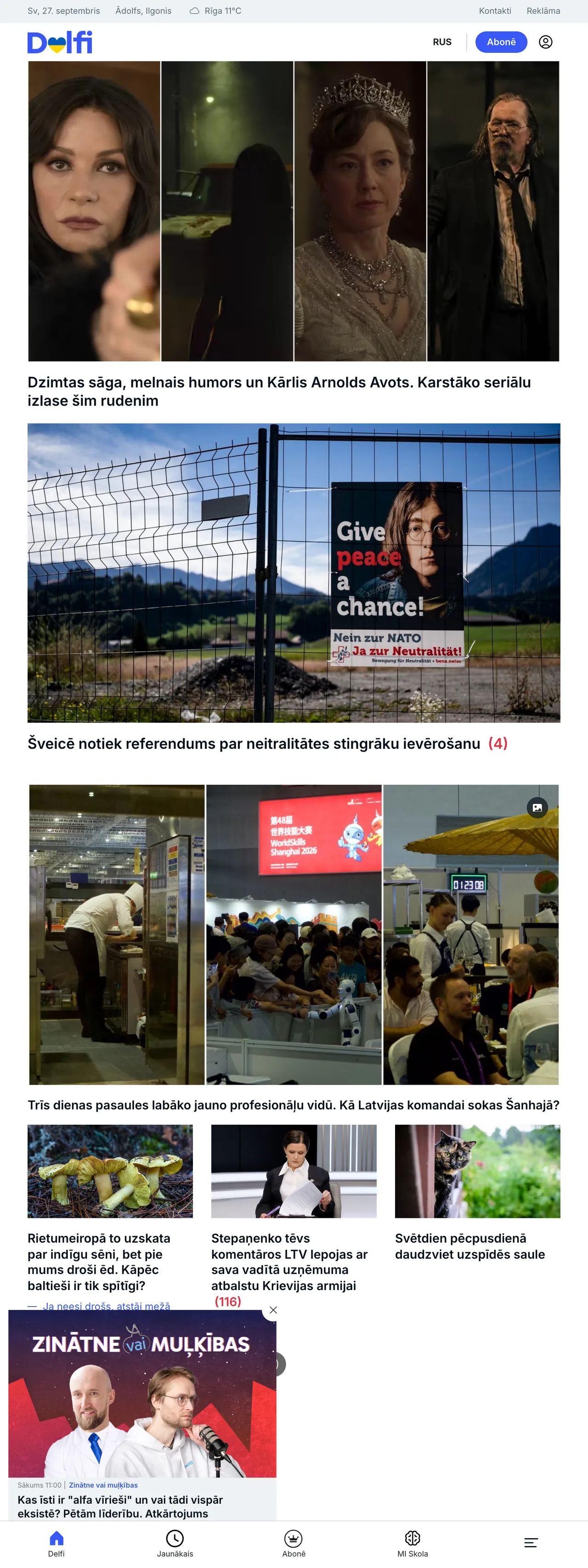 Screenshot of the Delfi front page