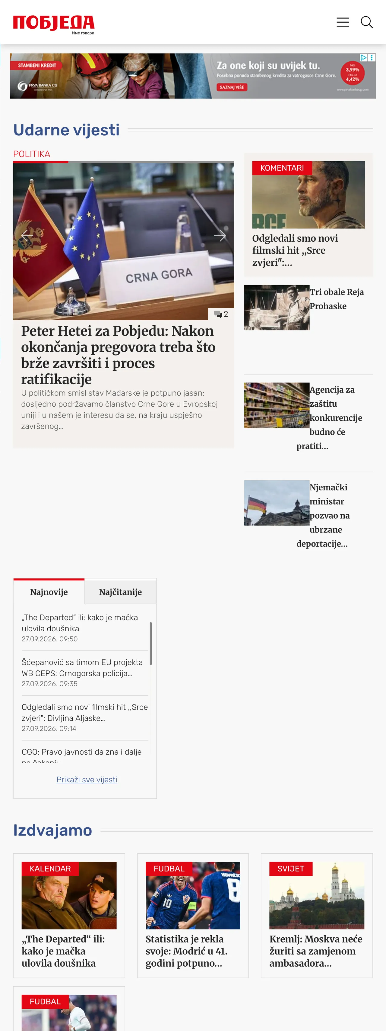 Screenshot of the Pobjeda front page