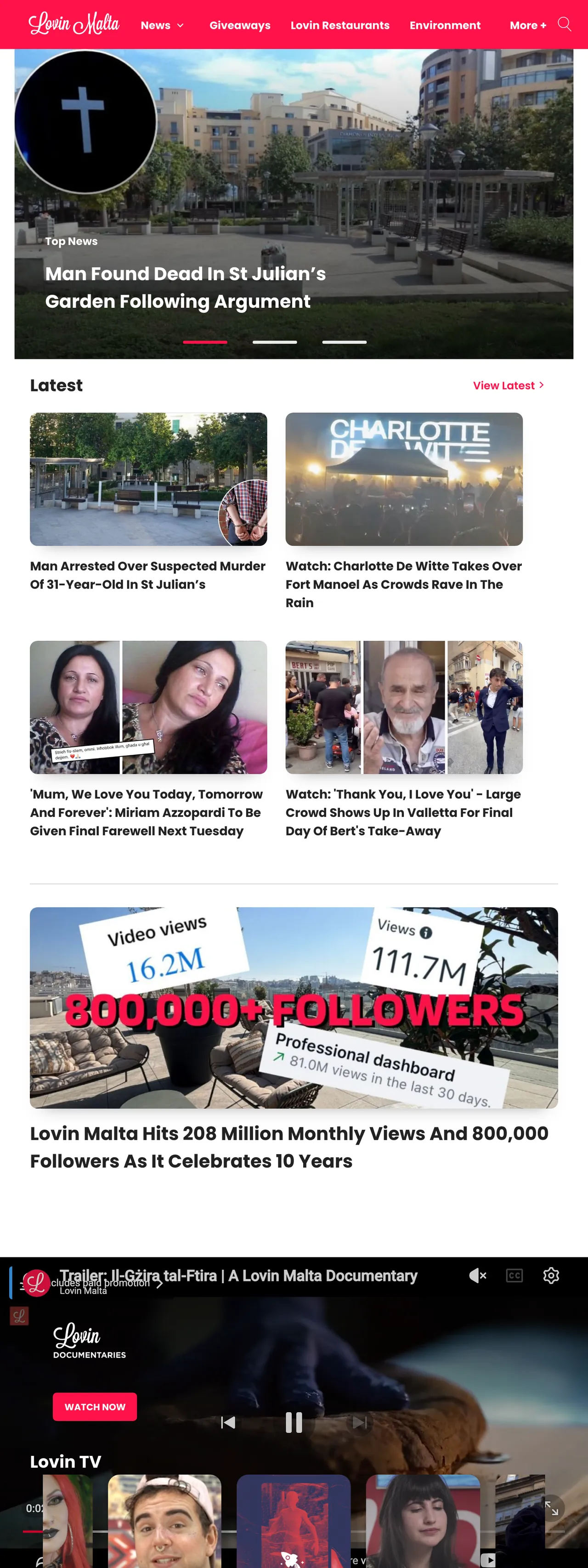 Screenshot of the Lovin Malta front page