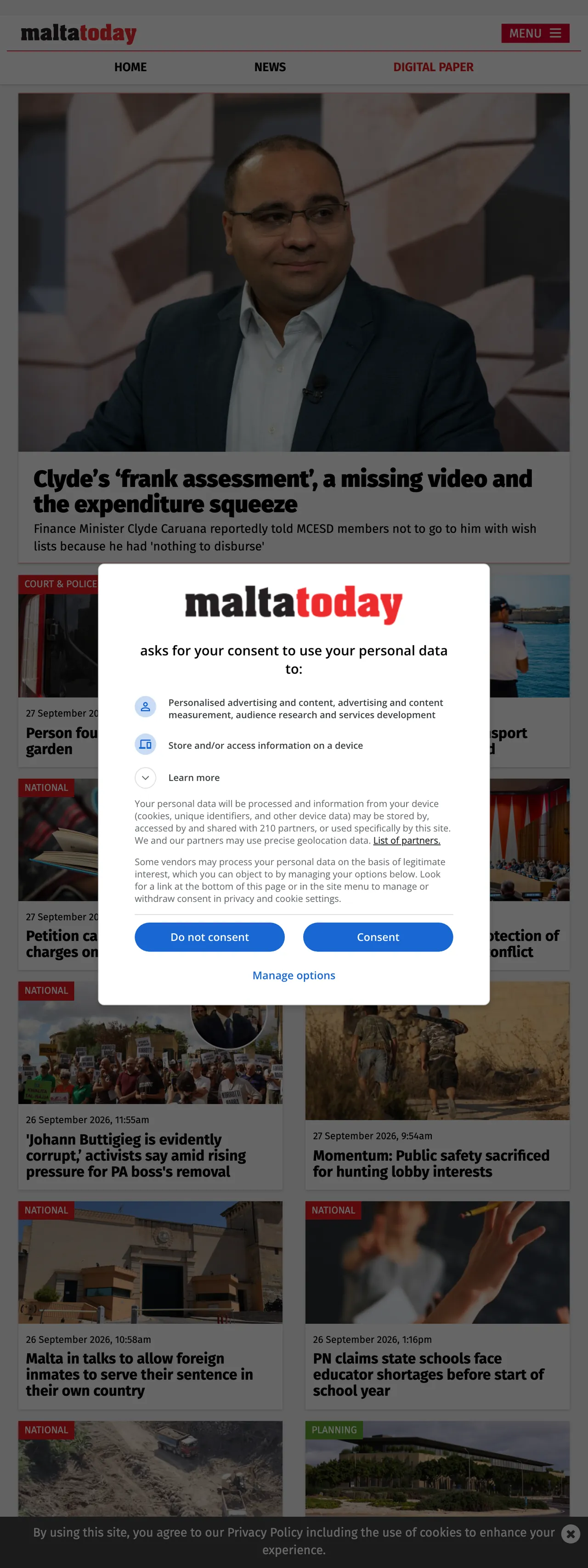 Screenshot of the Malta Today front page