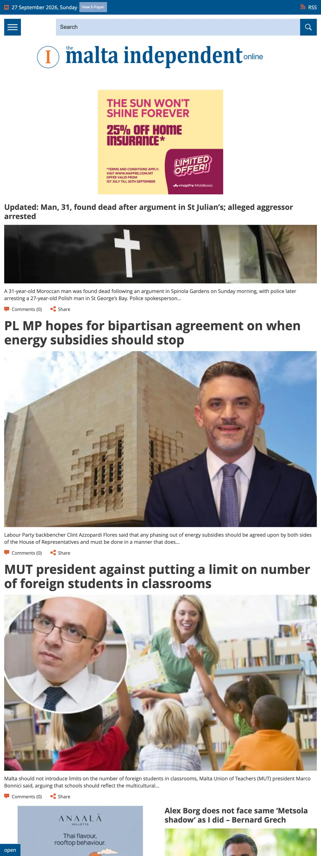 Screenshot of the The Malta Independent front page