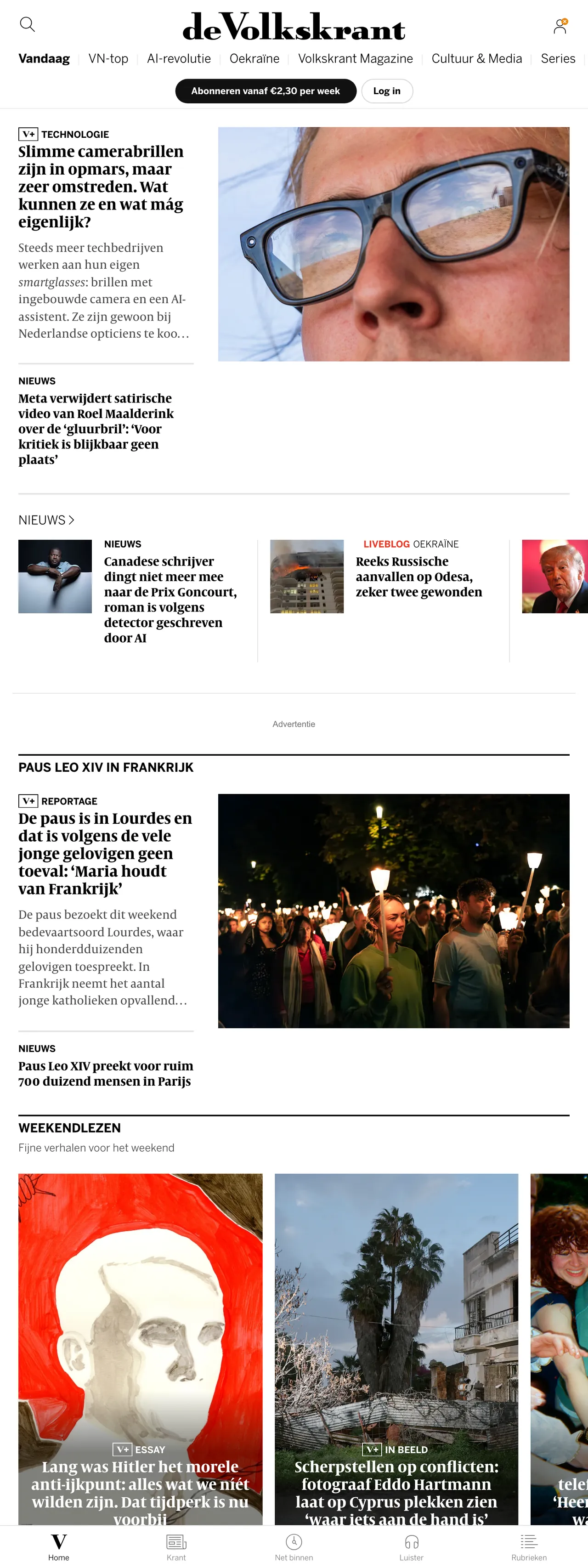 Screenshot of the de Volkskrant front page