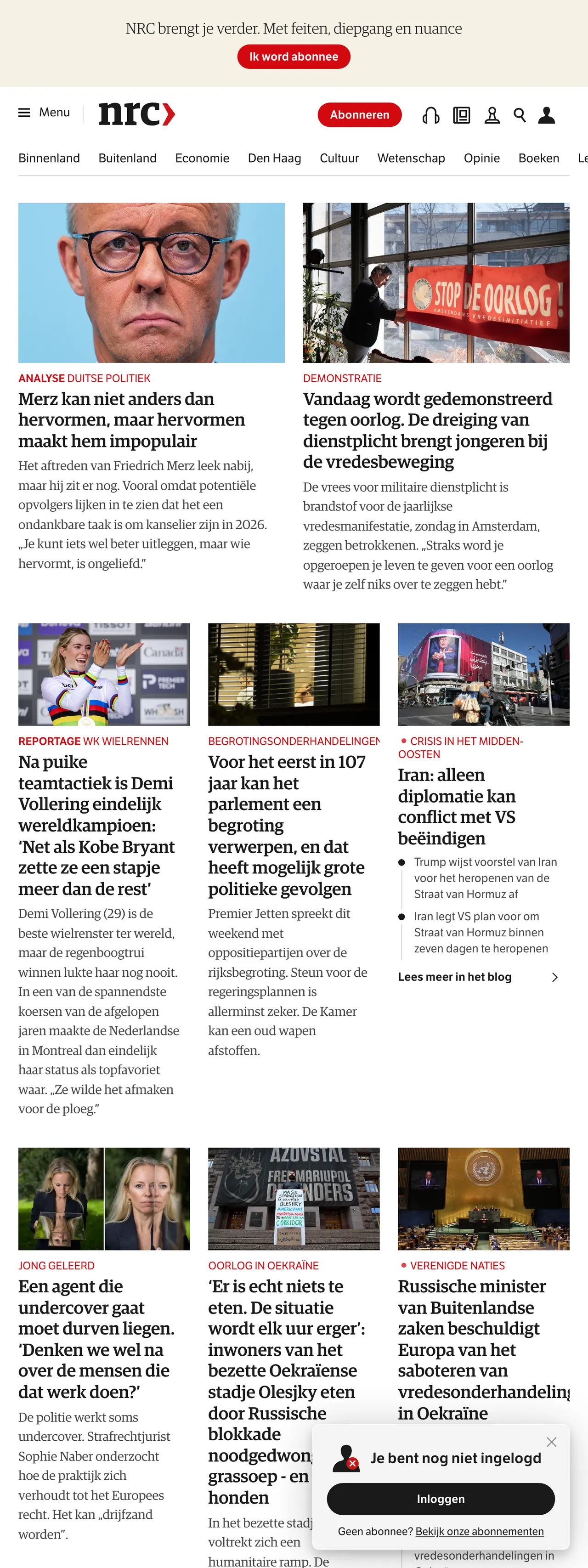 Screenshot of the NRC front page