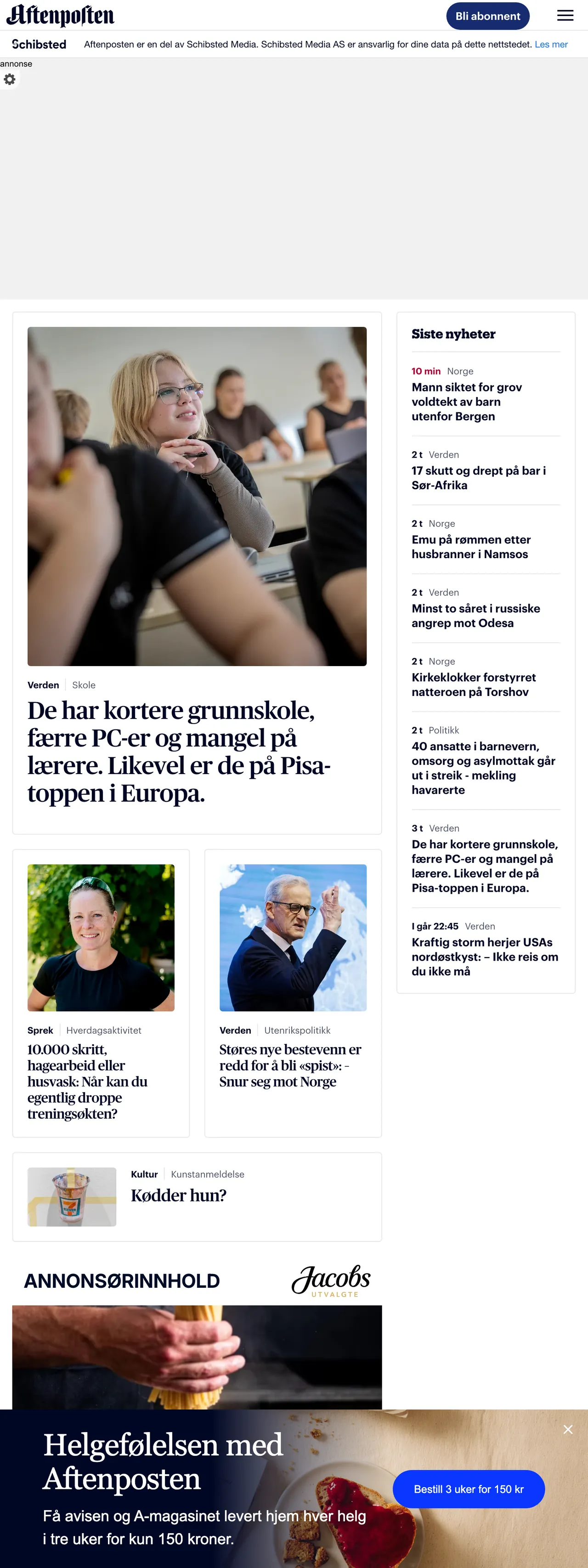 Screenshot of the Aftenposten front page