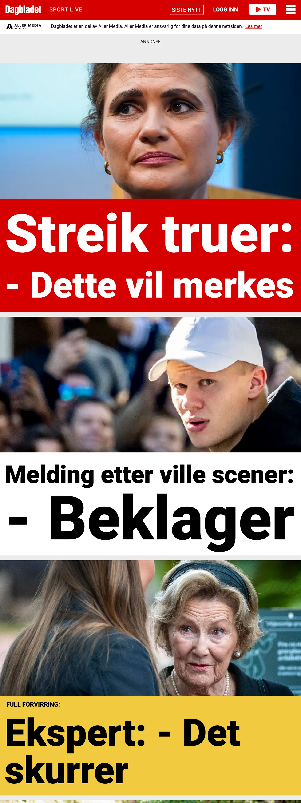 Screenshot of the Dagbladet front page