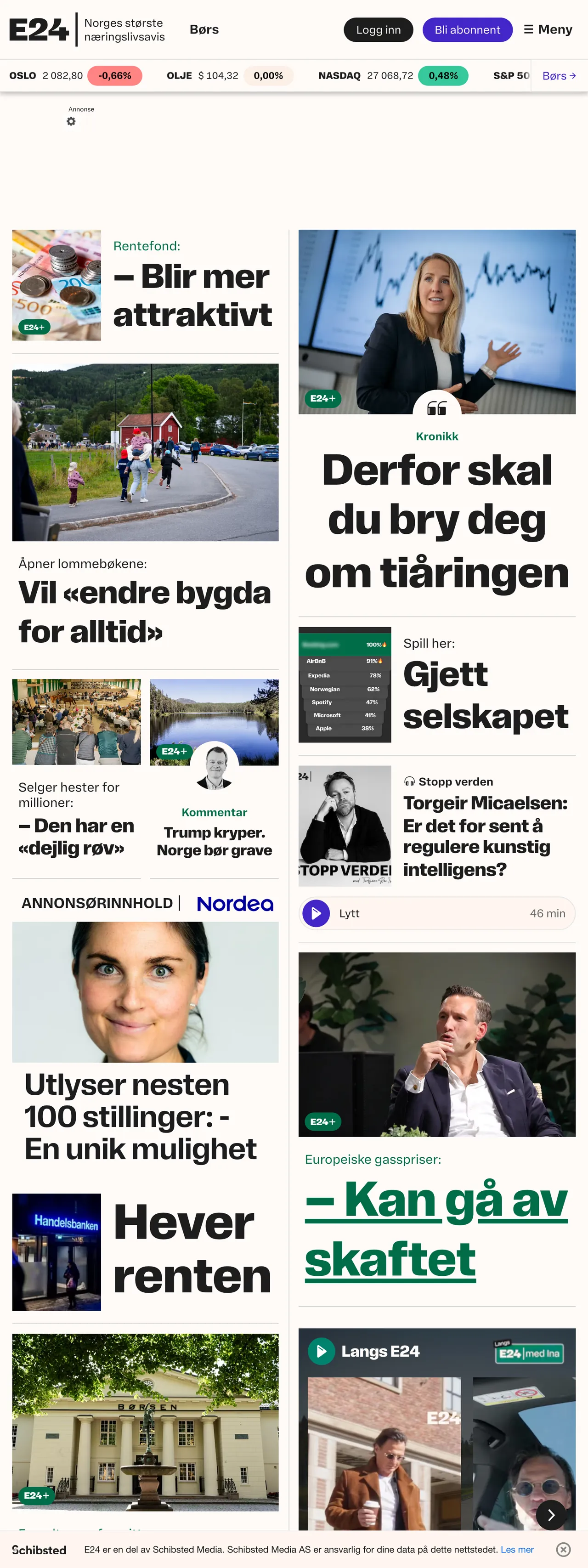 Screenshot of the E24 front page