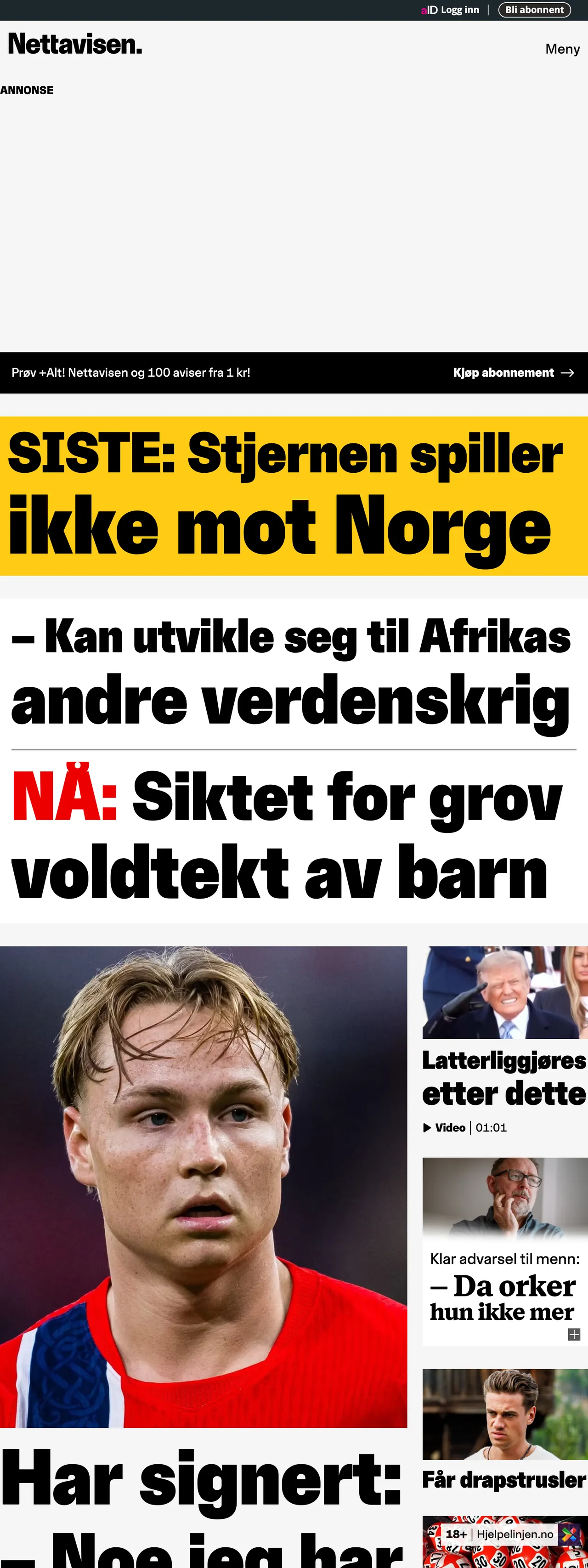 Screenshot of the Nettavisen front page