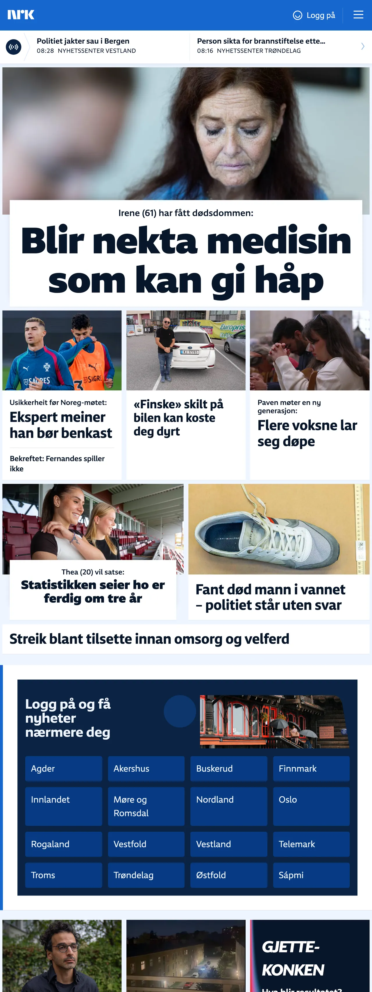 Screenshot of the NRK front page