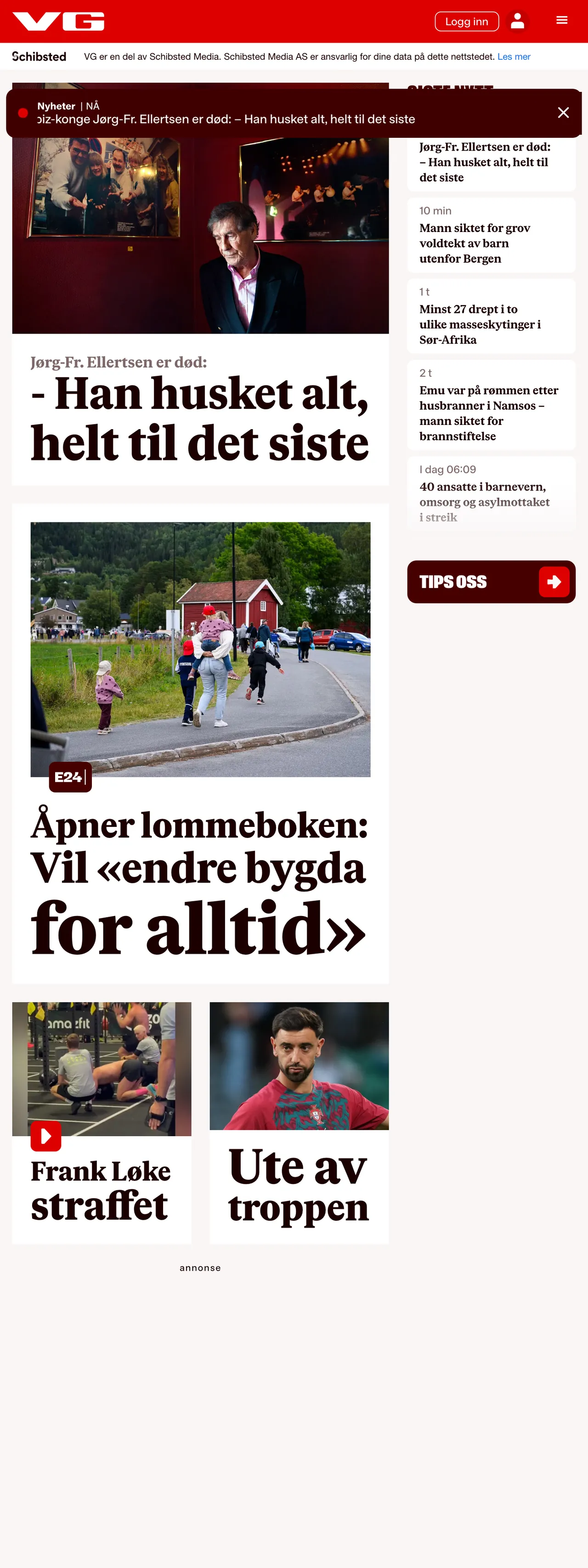 Screenshot of the VG front page