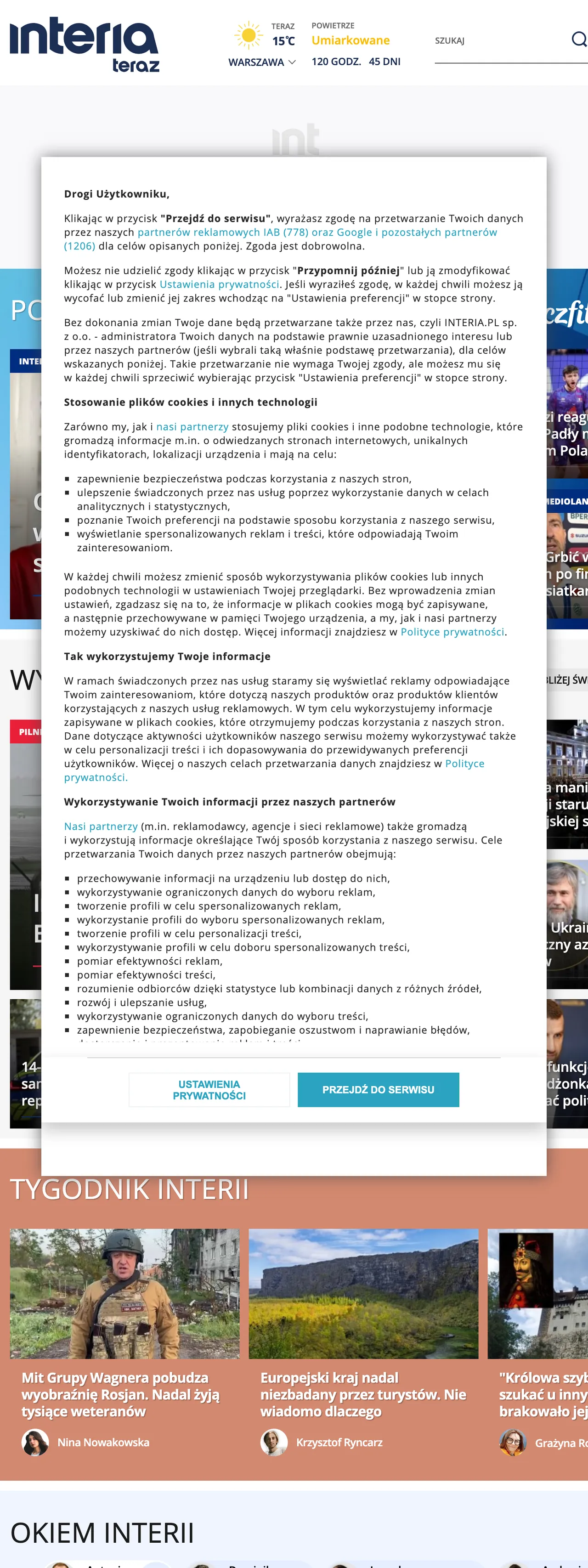 Screenshot of the Interia front page