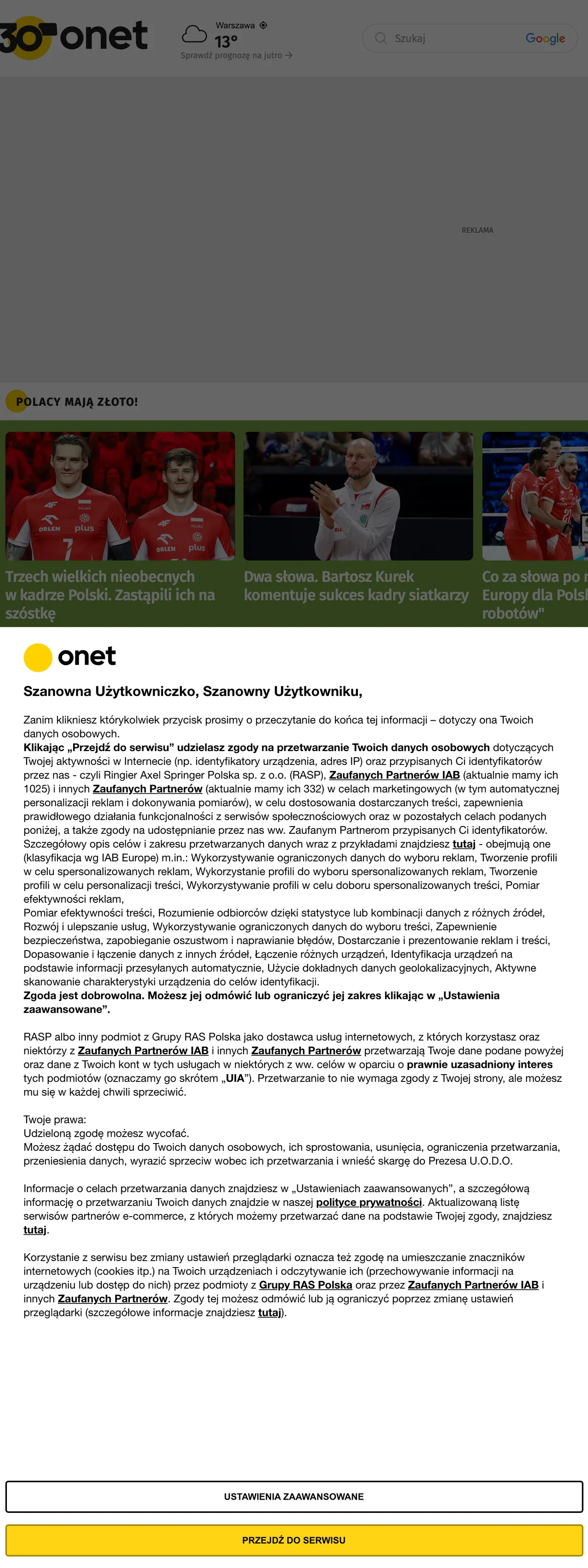 Screenshot of the Onet front page