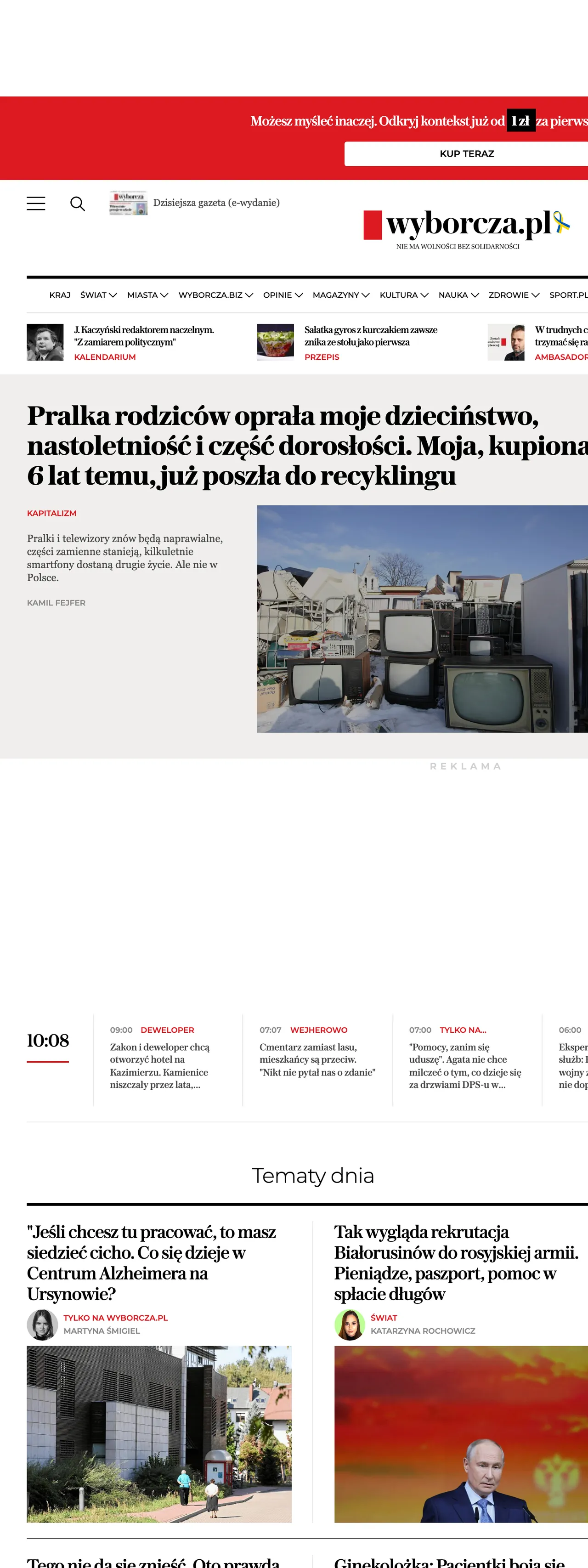 Screenshot of the Wyborcza front page